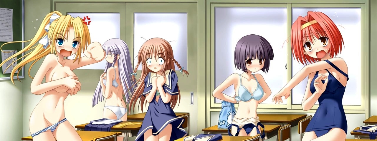 alma, matra milan, araragi madoka, asamiya kyou, mitsuki kanae, shidou suzu, tozaki yui, alma ~zutto soba ni…~, silver hair, game cg, 5girls, anger vein, angry, black hair, blonde hair, blue eyes, blush, bra, braid, breasts, brown eyes, brown hair, classroom, covering privates, desk, dress, embarrassed, everyone, hairband, large breasts, lingerie, long hair, multiple girls, navel, one-piece swimsuit, open bra, open mouth, orange eyes, panties, panty pull, ponytail, red hair, school, school swimsuit, school uniform, serafuku, short hair, striped clothes, striped panties, swimsuit, topless female, twin braids, underwear, underwear only, undressing, walk-in, white panties