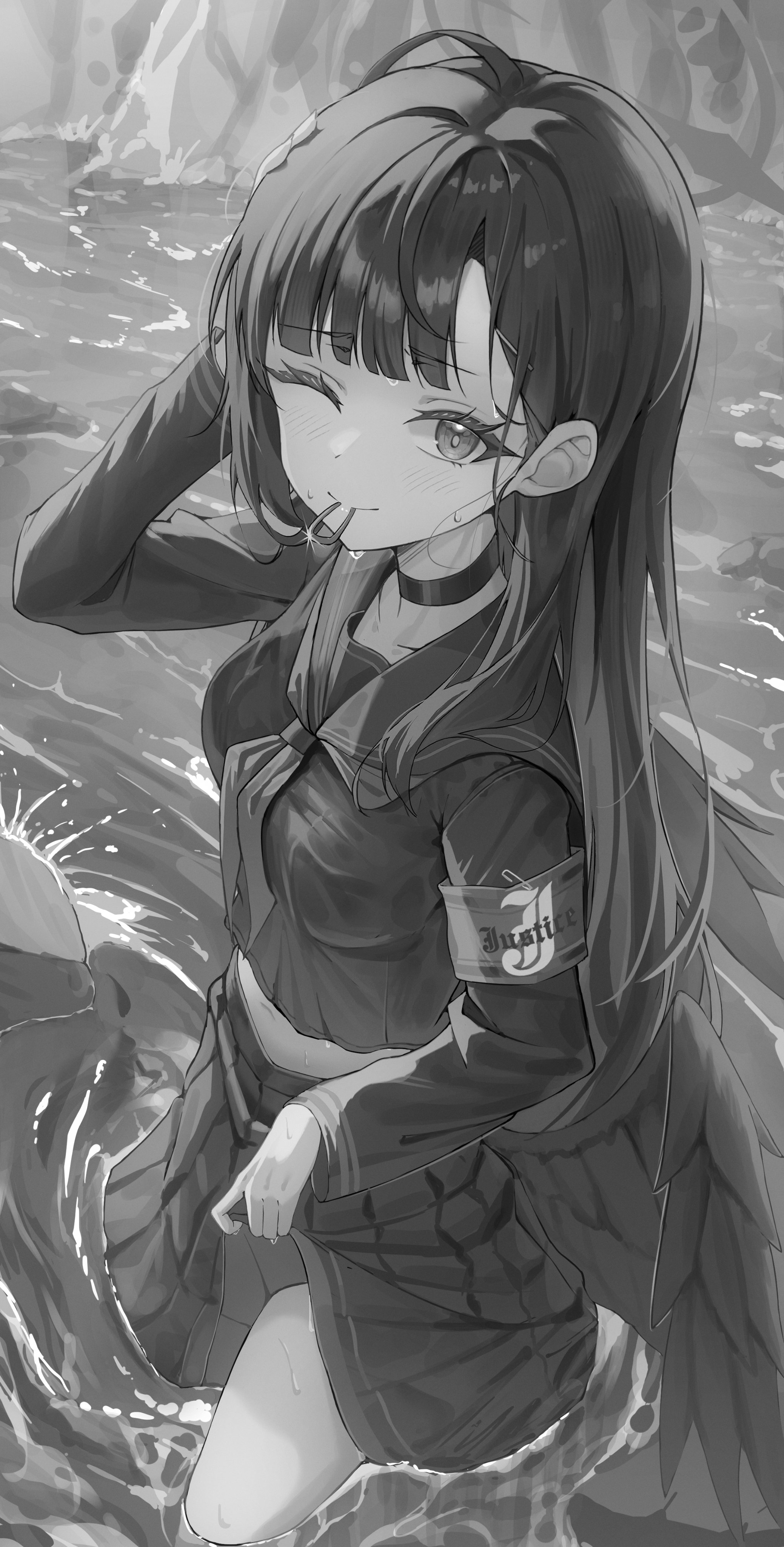 shj1998z, ichika (blue archive), blue archive, absurdres, highres, 1girl, angel wings, armband, choker, greyscale, long hair, monochrome, neckerchief, one eye closed, sailor collar, school uniform, serafuku, solo, thighs, wings