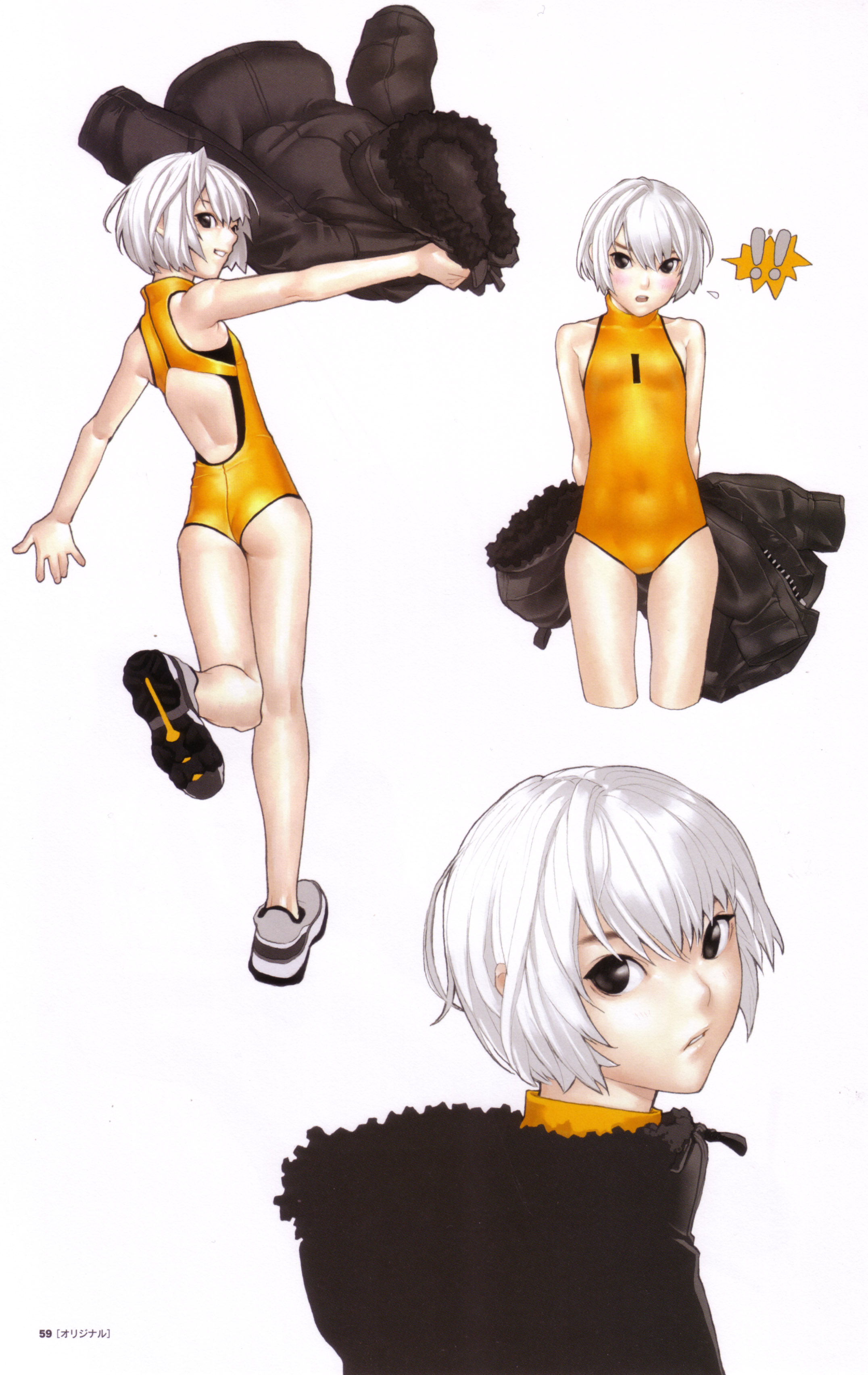 hakua ugetsu, original, absurdres, highres, scan, !, !!, 1girl, black eyes, blush, coat, flat chest, from behind, leotard, looking back, multiple views, no socks, one-piece swimsuit, shoes, short hair, sneakers, swimsuit, white hair