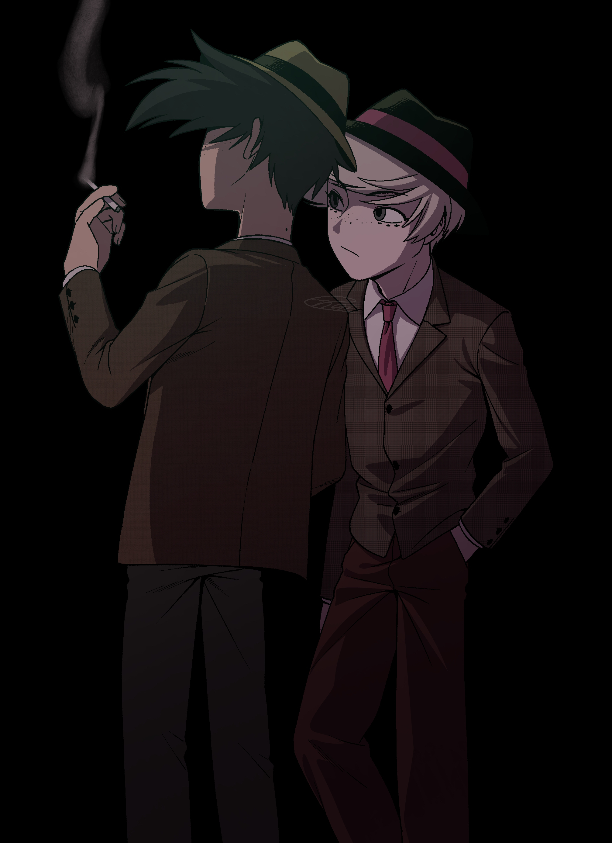 menma (enaic31), angel dust, arackniss, hazbin hotel, hellaverse, absurdres, commentary request, highres, 2boys, arm at side, between fingers, black background, black hair, black hat, black pants, blonde hair, brothers, brown jacket, brown pants, buttons, cigarette, closed mouth, collared shirt, facial mark, fedora, feet out of frame, freckles, frown, grey eyes, hand in pocket, hand up, hat, holding, holding cigarette, humanization, jacket, lapels, layered sleeves, long sleeves, looking to the side, male focus, multiple boys, necktie, notched lapels, pants, pink necktie, shirt, short hair, siblings, sidelighting, sideways glance, signature, simple background, smoke, standing, very short hair, white shirt