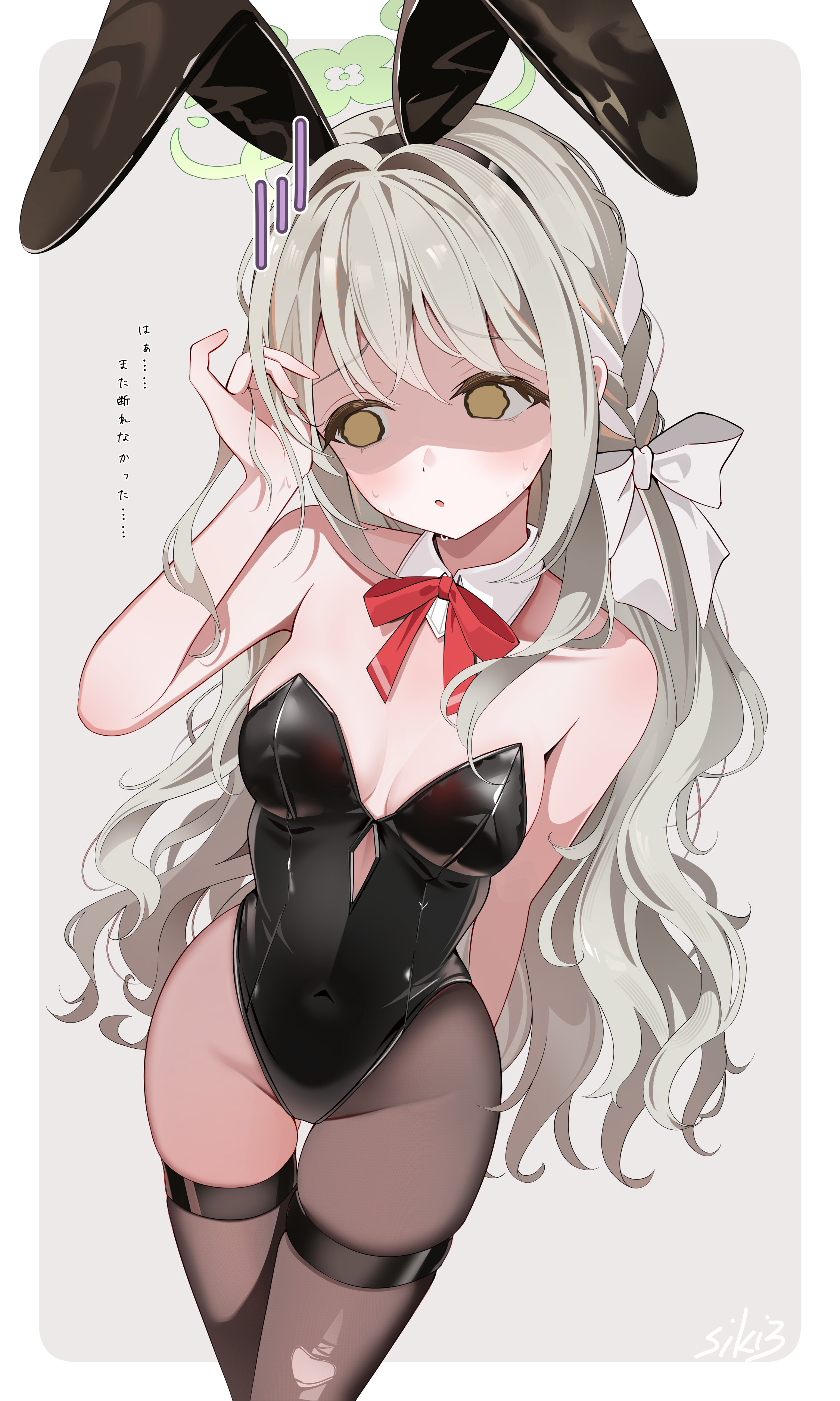 sikimosh, miyo (blue archive), blue archive, absurdres, highres, translation request, 1girl, alternate costume, animal ear hairband, animal ears, black hairband, black leotard, black pantyhose, black thighhighs, bow, braid, breasts, choppy bangs, covered navel, detached collar, fake animal ears, green halo, grey hair, hair ribbon, hairband, halo, highleg, highleg leotard, leotard, long hair, long sleeves, looking to the side, medium breasts, neck ribbon, pantyhose, playboy bunny, rabbit ear hairband, rabbit ears, red ribbon, ribbon, ribbon braid, single leg pantyhose, single thighhigh, solo, strapless, strapless leotard, thighhighs, very long hair, white bow, yellow eyes