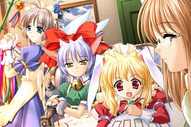ngo (ngo dandelion), chihaya (mugyutto!), fuua (mugyutto!), mimi (mugyutto!), rinne (mugyutto!), mugyutto! pet maid, mugyutto pet maid, game cg, jpeg artifacts, 4girls, animal ears, bell, calligraphy brush, cat ears, glasses, maid, multiple girls, paintbrush, rabbit ears