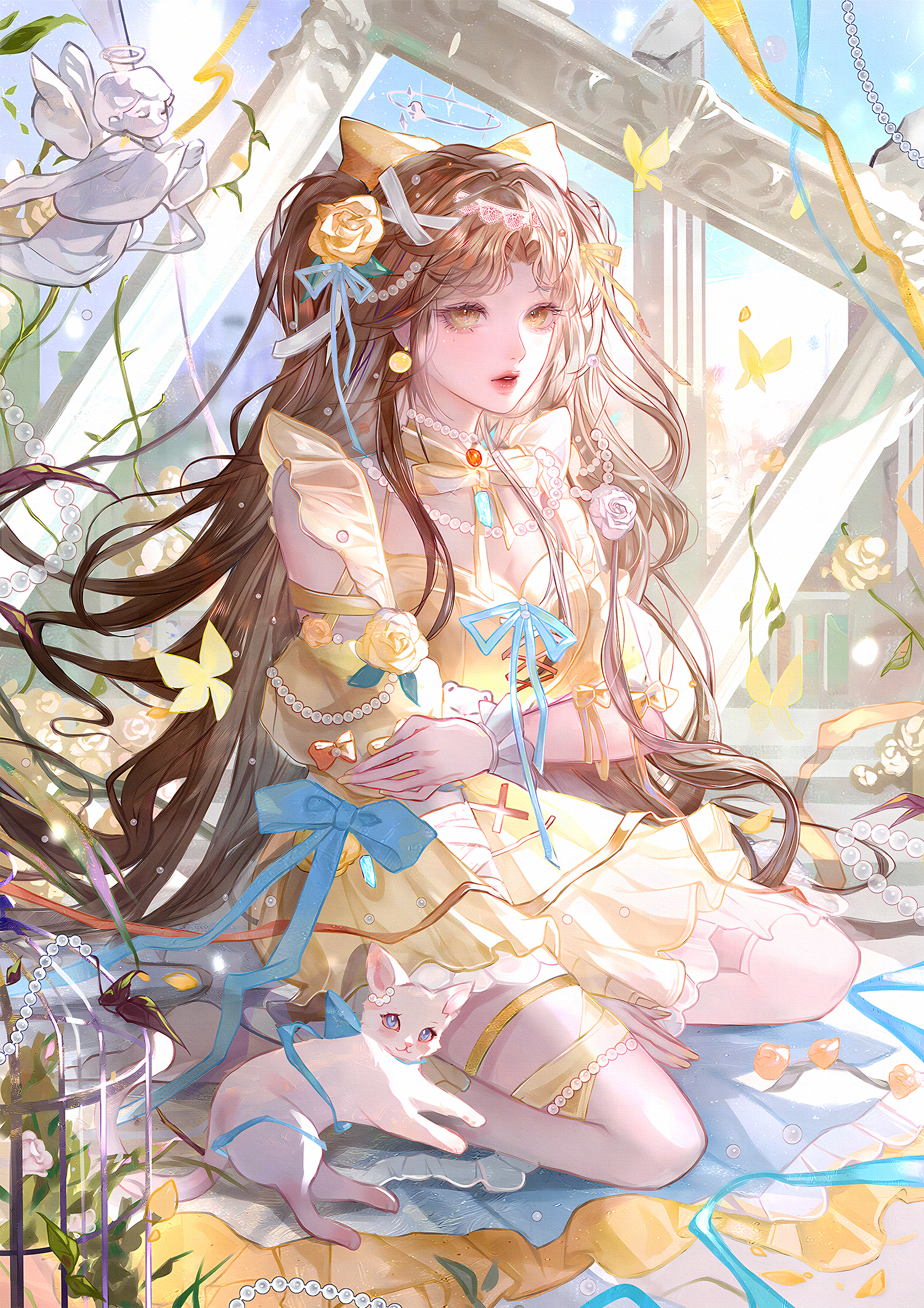 qingluanluan, original, highres, 1girl, bow, brown hair, bug, butterfly, cat, dress, flower, hair flower, hair ornament, insect, jewelry, long hair, pillar, ribbon, sitting, solo, wariza, white cat, yellow dress, yellow flower
