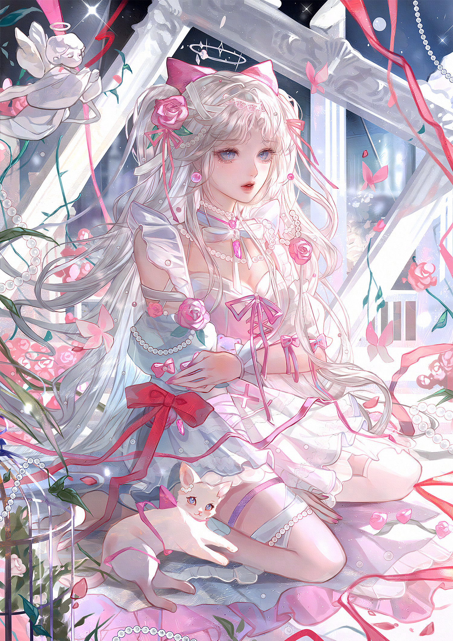 qingluanluan, original, highres, 1girl, animal, blue eyes, bow, breasts, bug, butterfly, cat, dress, earrings, flower, frills, gem, hair bow, hair flower, hair ornament, insect, jewelry, long hair, looking at viewer, necklace, pearl gemstone, pearl necklace, petals, pink bow, pink flower, pink ribbon, pink rose, ribbon, rose, sitting, solo, thighhighs, twintails, wariza, white cat, white dress, white hair