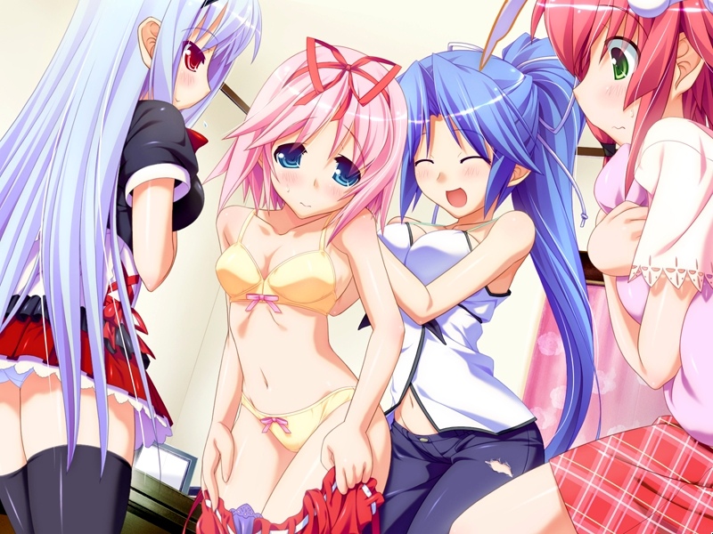 aikawa hinae, hiiragi yukino (thirua panic), mitsusawa yuzuki, sakurashita otome, thirua panic, game cg, 4girls, blush, bow, bow bra, bow panties, bra, breasts, cleavage, clothes pull, lingerie, multiple girls, navel, panties, shirt pull, thighhighs, underwear, underwear only, undressing, yellow bra, yellow panties