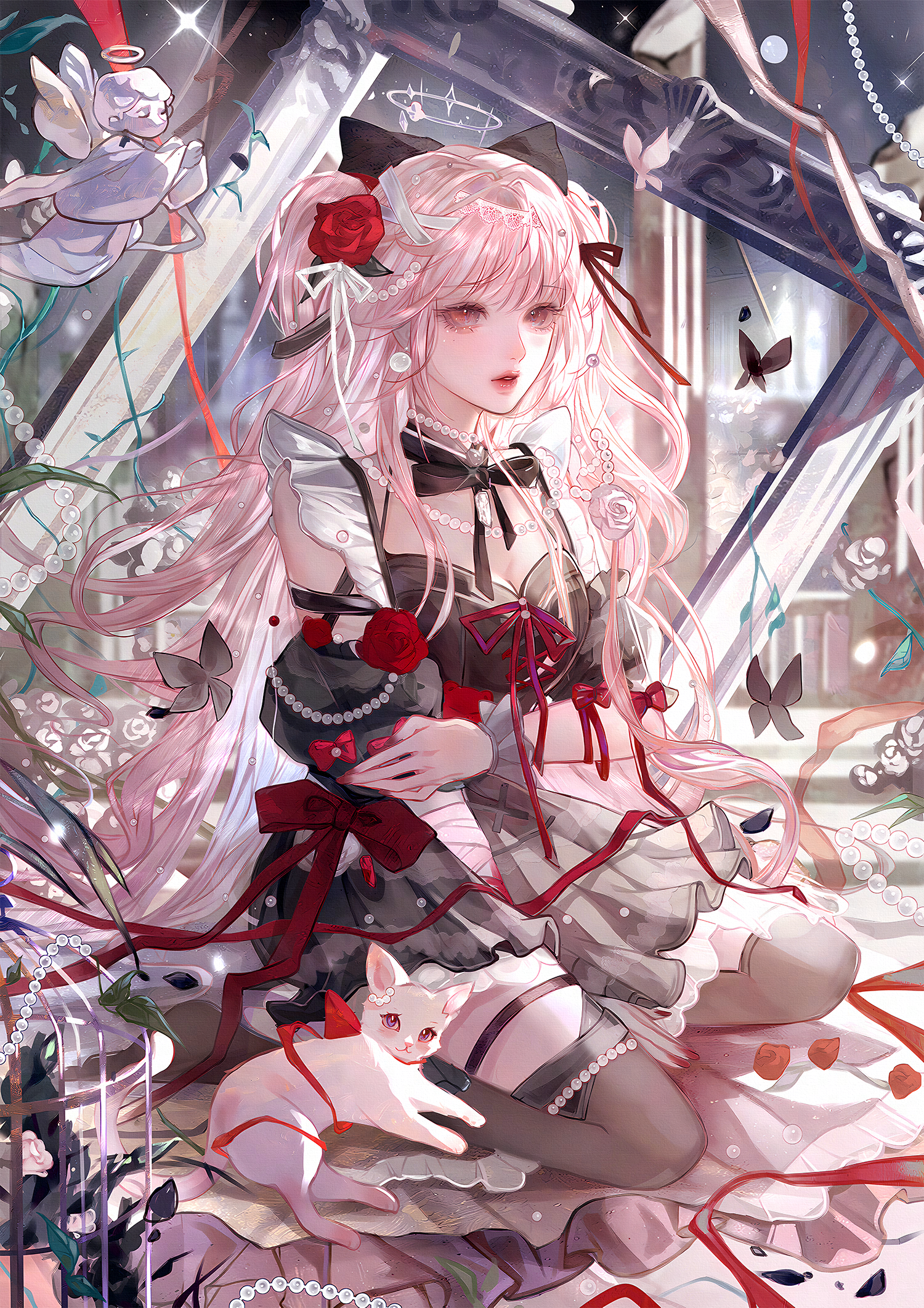 qingluanluan, original, highres, 1girl, black dress, black thighhighs, bow, bug, butterfly, cat, detached sleeves, dress, flower, hair flower, hair ornament, insect, long hair, looking at viewer, pink eyes, pink hair, red bow, red flower, red rose, ribbon, rose, sitting, solo, thighhighs, twintails, white cat, white flower, white rose
