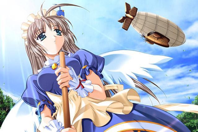 ngo (ngo dandelion), fuua (mugyutto!), mugyutto! pet maid, mugyutto pet maid, game cg, 1girl, ahoge, aircraft, airship, bird, dirigible, female focus, maid, solo, wings