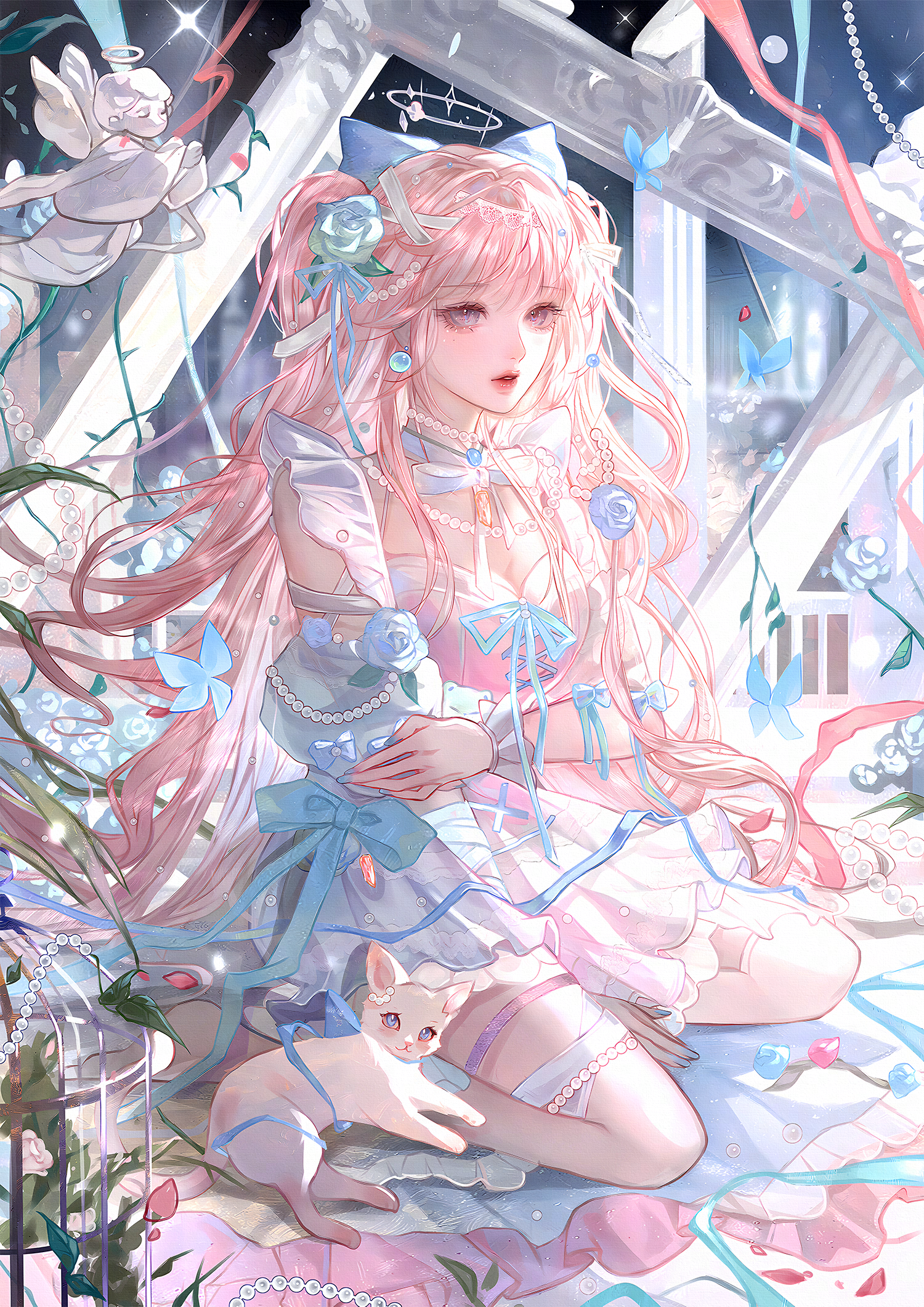 qingluanluan, original, highres, 1girl, bug, butterfly, cat, dress, flower, hair flower, hair ornament, insect, long hair, pink eyes, pink hair, ribbon, rose, sitting, solo