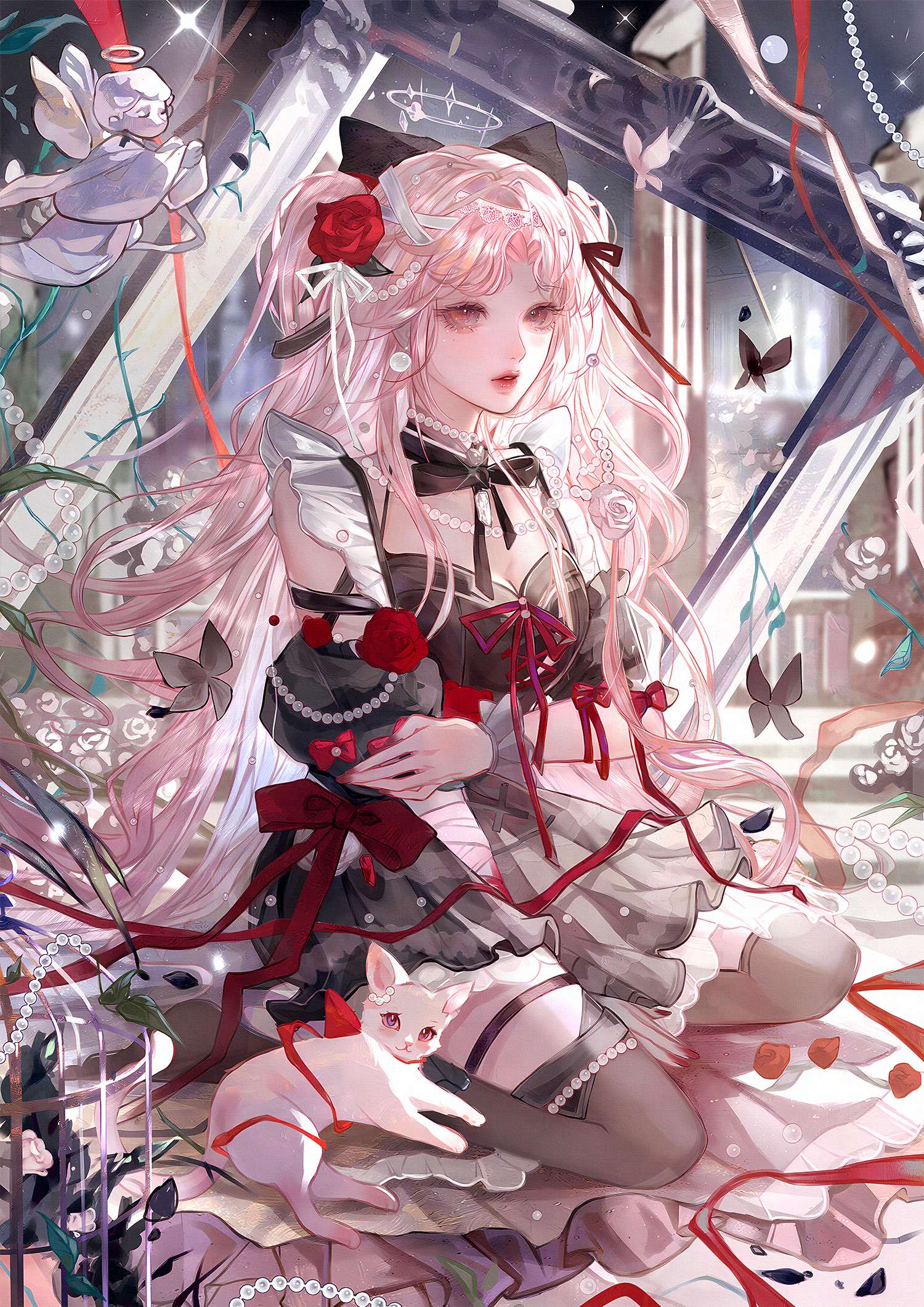 qingluanluan, original, highres, 1girl, black dress, black thighhighs, bow, bug, butterfly, cat, detached sleeves, dress, flower, frills, hair flower, hair ornament, insect, long hair, looking at viewer, pink eyes, pink hair, red bow, red flower, red rose, ribbon, rose, sitting, solo, thighhighs, twintails, white cat, white flower, white rose