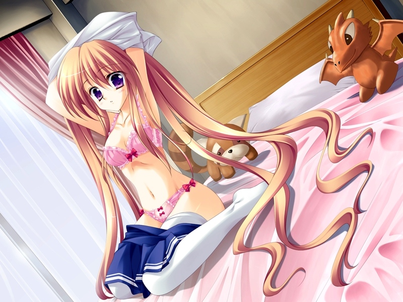 rei (rei's room), kisaragi haya, magic a ride, game cg, source request, 1girl, arms up, bed, blonde hair, bra, breasts, cleavage, clothes pull, dragon, female focus, kneeling, lingerie, long hair, navel, panties, purple eyes, skirt, skirt pull, solo, thighhighs, underwear, undressing