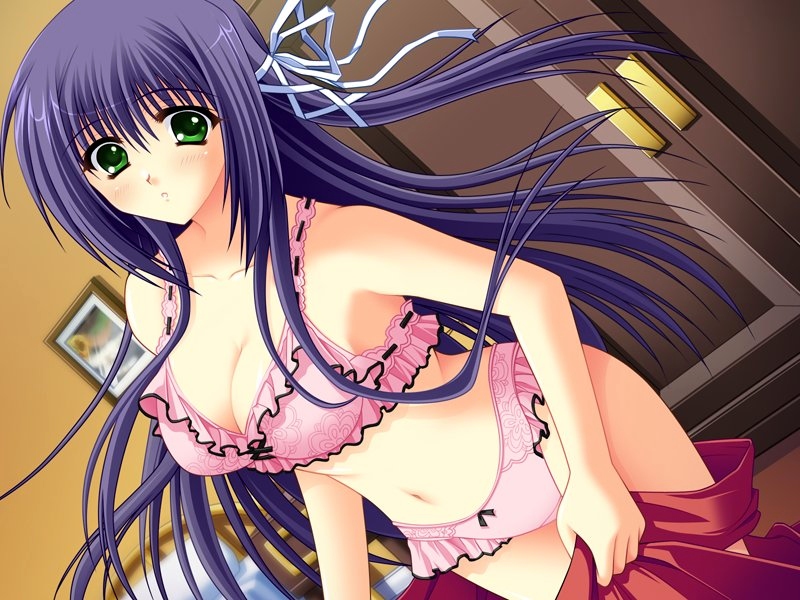 akira (usausa), thiya, nostradamus ni kiite miro, game cg, 1girl, :o, blush, bra, breasts, cleavage, clothes pull, female focus, frilled bra, frilled panties, frills, green eyes, large breasts, lingerie, long hair, panties, pink bra, pink panties, purple hair, skirt, skirt pull, solo, underwear, underwear only, undressing