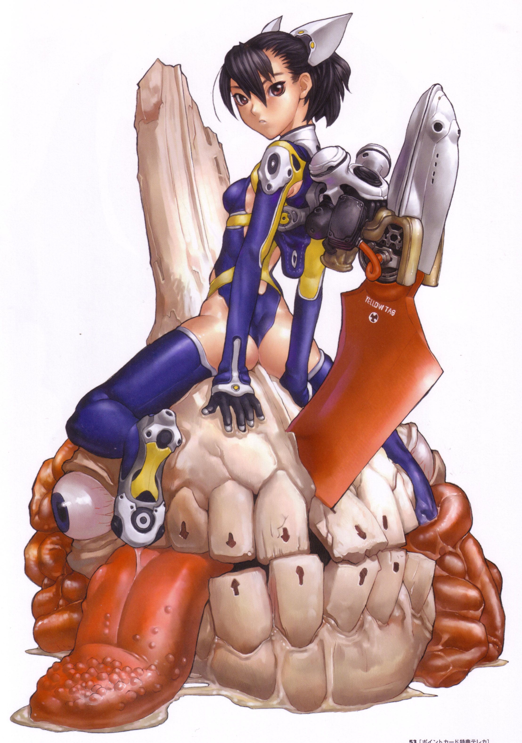 hakua ugetsu, head, absurdres, highres, scan, ass, brown hair, jetpack, monster, short hair, sitting, solo, thighhighs