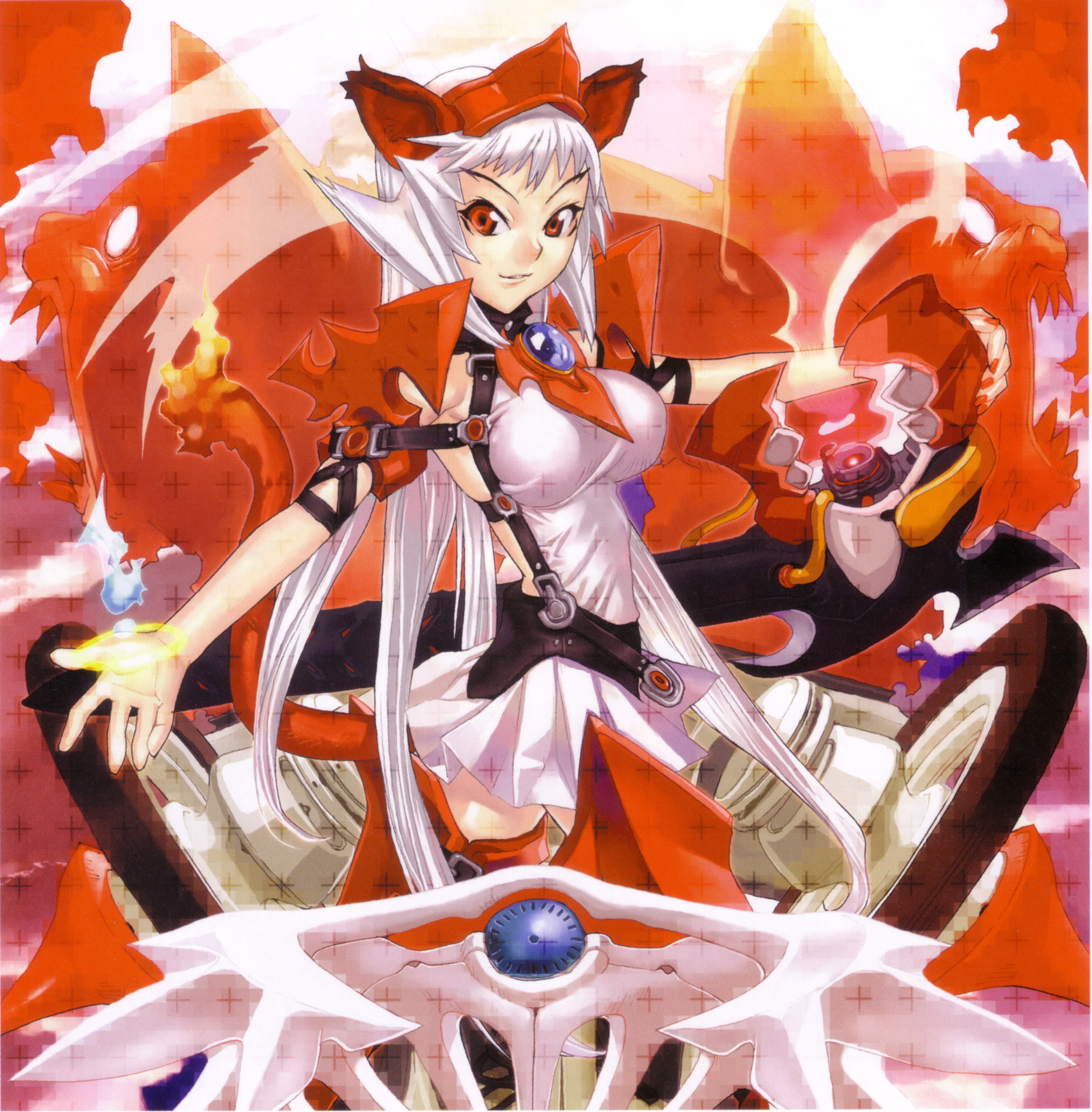 hakua ugetsu, silver hair, highres, scan, 1girl, breasts, female focus, large breasts, long hair, red eyes, solo