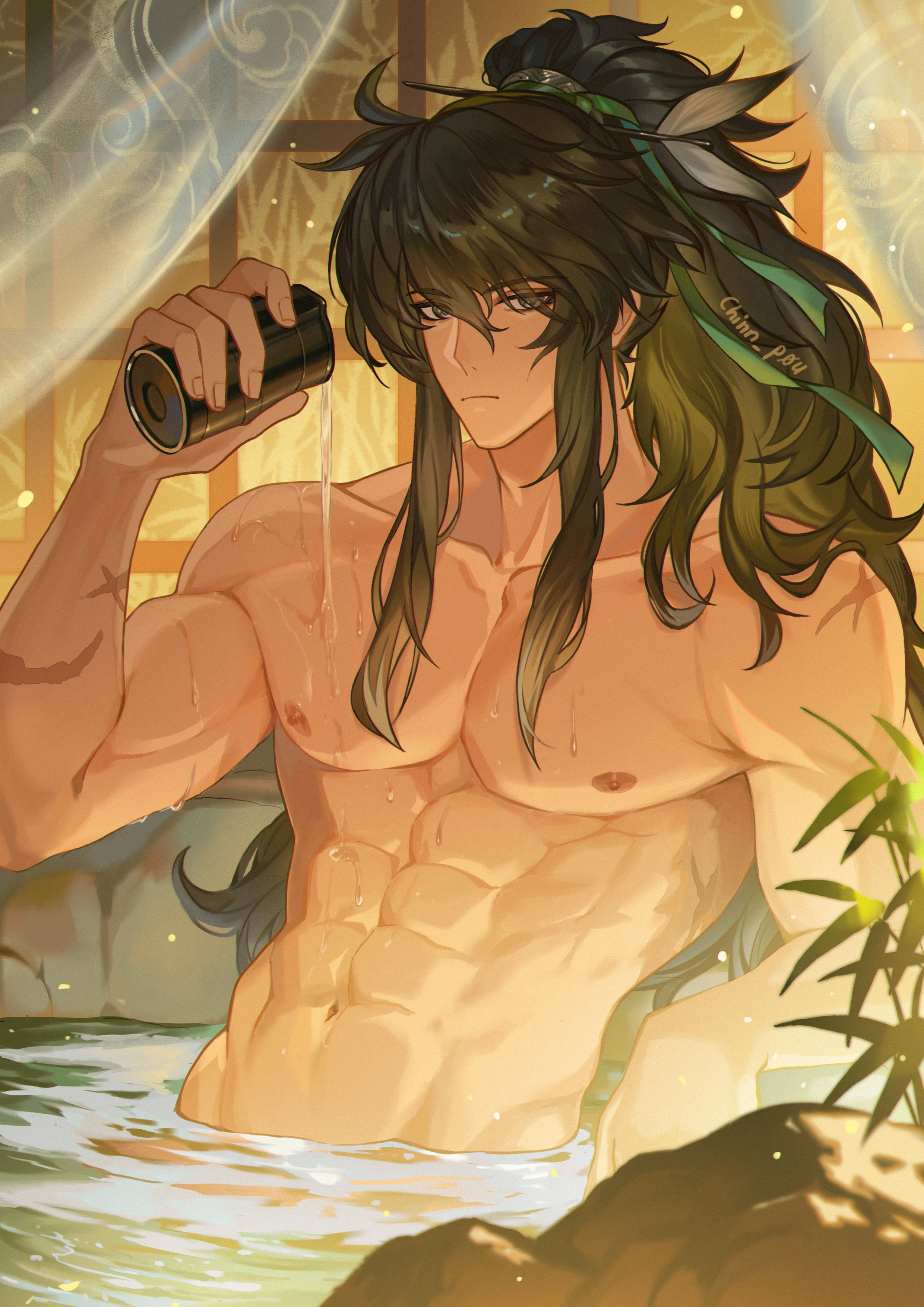chinnpou, qiuyuan (wuthering waves), wuthering waves, absurdres, commentary, hashtag-only commentary, highres, 1boy, closed mouth, collarbone, green ribbon, grey hair, hair between eyes, hair ribbon, holding, long hair, looking at viewer, male focus, muscular, muscular male, navel, nipples, nude, onsen, partially submerged, ponytail, pouring, pouring onto self, ribbon, solo, stomach