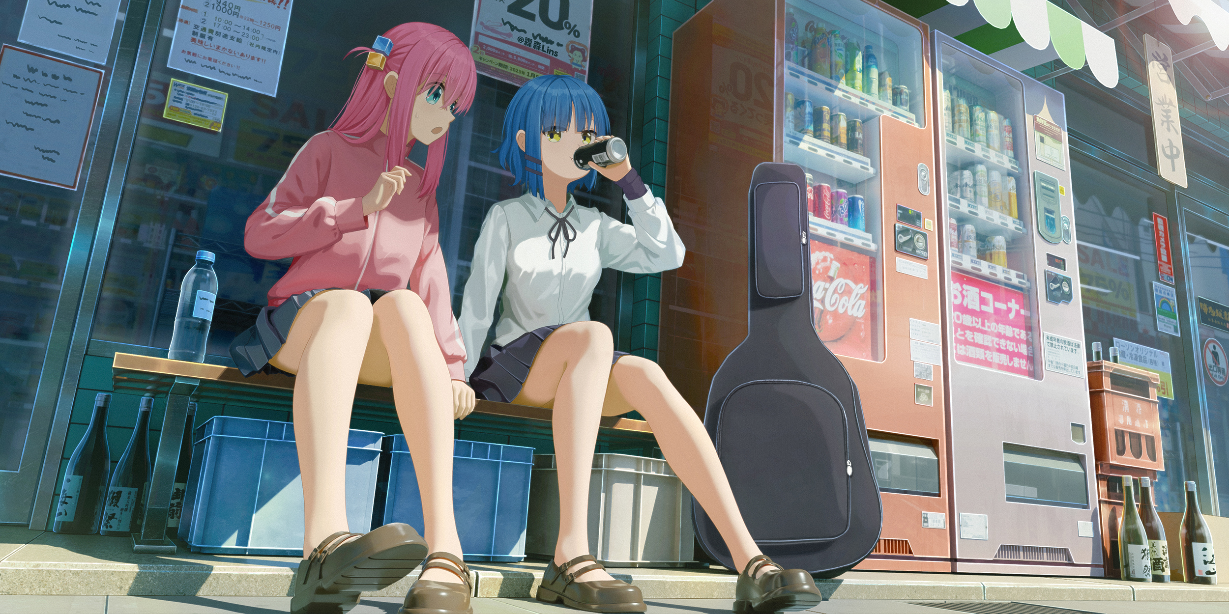 gotoh hitori, yamada ryo, bocchi the rock!, coca-cola, commentary request, highres, 2girls, 3d, arm at side, black ribbon, black skirt, blue eyes, blue hair, bottle, brown shoes, can, collared shirt, crossed bangs, cube hair ornament, day, drink can, dunlop, guitar case, hair between eyes, hair ornament, hairclip, hand up, holding, holding can, instrument case, jacket, lin sen lins, long bangs, long hair, long sidelocks, long sleeves, looking to the side, mary janes, multiple girls, neck ribbon, on bench, open mouth, outdoors, parallel hairclips, pink hair, pink jacket, pleated skirt, ribbon, school uniform, shimokitazawa high school uniform, shirt, shoes, short hair, sidelocks, sideways mouth, sitting, skirt, slice of life, track jacket, undershirt, vending machine, white shirt, wing collar, yellow eyes
