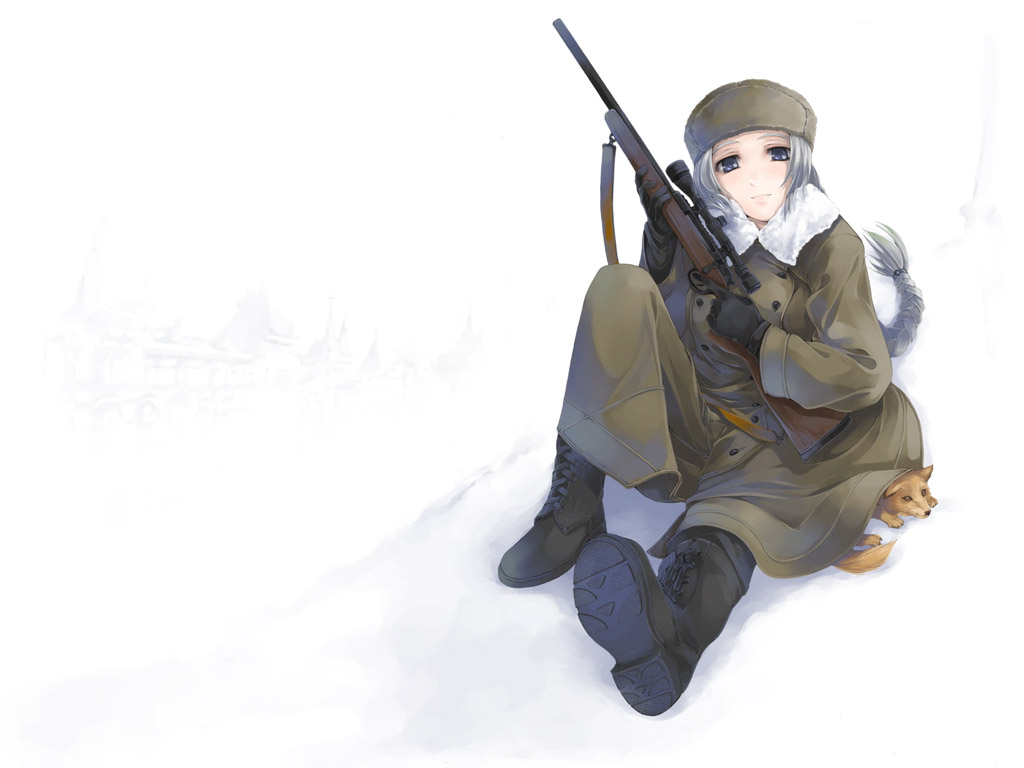 simosi, original, silver hair, 1girl, boots, braid, coat, female focus, fox, gun, hat, left-handed, rifle, sitting, sniper rifle, snow, solo, weapon, winter