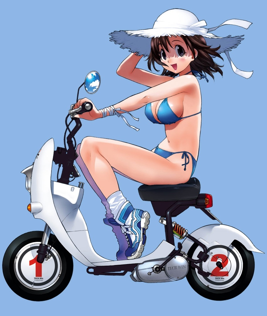 yoshizaki mine, original, vehicle, 1girl, bikini, blue background, blue bikini, blue shoes, blush, breasts, brown hair, cleavage, female focus, full body, halterneck, happy, hat, looking at viewer, looking to the side, medium breasts, motor vehicle, motorcycle, multicolored shoes, rear-view mirror, reflection, scooter, shoes, side-tie bikini bottom, sideboob, simple background, sitting, smile, sneakers, socks, solo, straw hat, string bikini, sun hat, swimsuit, tiptoes, white hat, white shoes, white socks