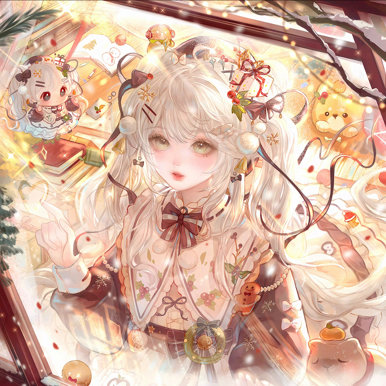 qingluanluan, original, highres, 1girl, book, bow, christmas, dress, food, green eyes, hair ornament, hairclip, hat, long hair, long sleeves, looking at viewer, parted lips, ribbon, snowing, stuffed animal, stuffed toy, teddy bear, twintails, white hair, window