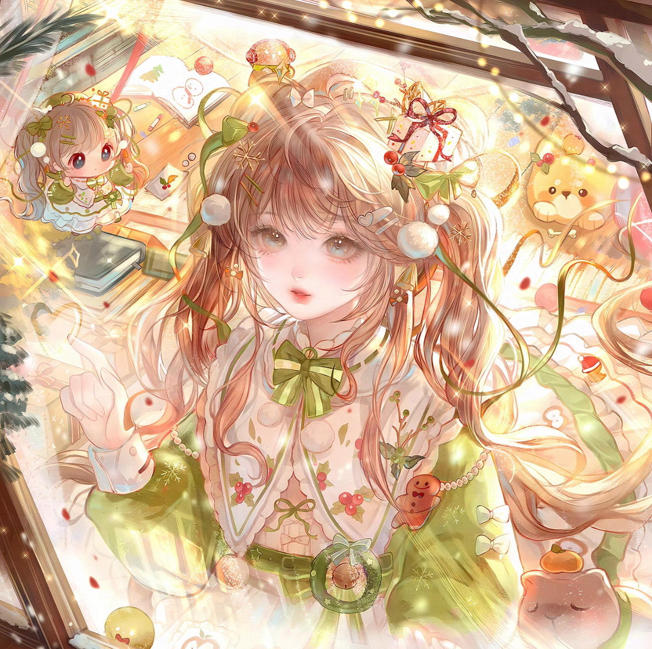 qingluanluan, original, highres, 1girl, book, bow, bowtie, brown hair, chibi, christmas, dress, food, frills, green bow, green dress, hair bow, hair ornament, hairclip, long hair, long sleeves, looking at viewer, parted lips, pom pom clothes, ribbon, stuffed animal, stuffed toy, teddy bear, twintails, very long hair, window
