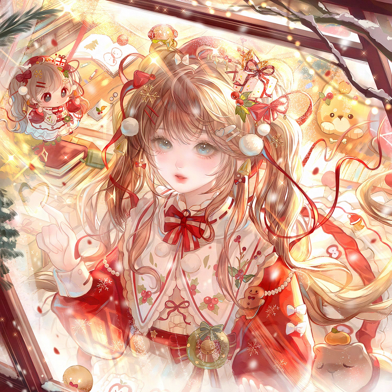 qingluanluan, original, highres, 1girl, blue eyes, book, bow, brown hair, chibi, christmas, christmas ornaments, dress, food, hair ornament, hairclip, hat, long hair, long sleeves, looking at viewer, red dress, ribbon, stuffed animal, stuffed toy, teddy bear, twintails, window