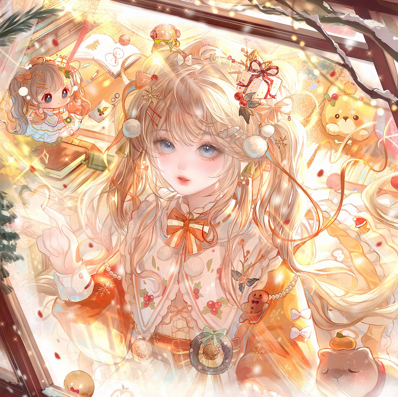 qingluanluan, original, highres, 1girl, blonde hair, blue eyes, book, bow, chibi, christmas, dress, food, hair ornament, hairclip, long hair, long sleeves, looking at viewer, ribbon, stuffed animal, stuffed toy, teddy bear, twintails, window