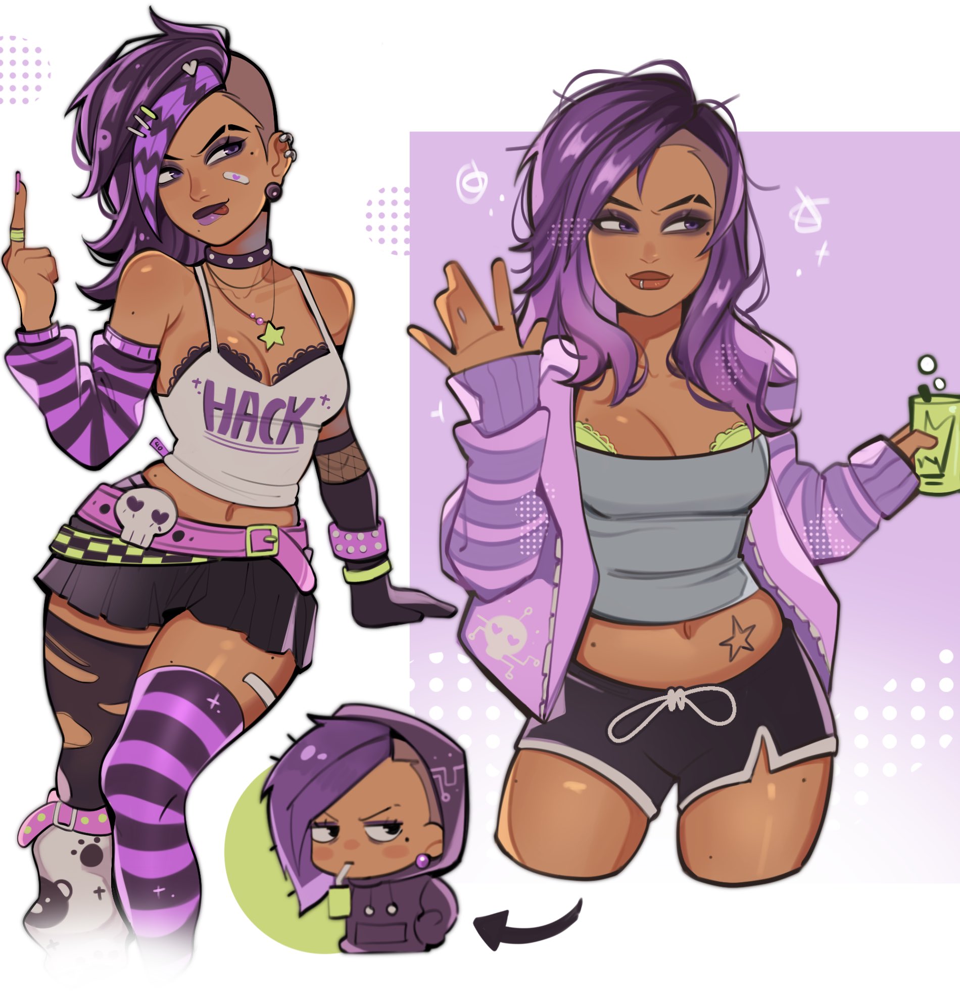 kaiwankon, sombra (overwatch), overwatch, highres, 1girl, alternate costume, asymmetrical hair, asymmetrical legwear, bandaid, bandaid on face, belt, black bra, black collar, black shorts, black skirt, bra, bra peek, chibi, chibi inset, collar, cup, dark-skinned female, dark skin, dolphin shorts, ear piercing, earrings, eyebrow cut, eyeshadow, face piercing, green bra, grey shirt, hand up, holding, holding cup, hood, hoodie, horizontal-striped thighhighs, jacket, jewelry, lip piercing, lip ring, makeup, micro shorts, microskirt, middle finger, midriff, miniskirt, mismatched arm warmers, mismatched legwear, mole, mole under eye, mole under mouth, multiple views, navel, necklace, open clothes, open jacket, piercing, pink jacket, pink nails, pink shirt, pleated skirt, purple eyes, purple eyeshadow, purple hair, purple hoodie, purple lips, purple thighhighs, red lips, scene fashion, shirt, shorts, skirt, solo focus, spaghetti strap, spiked collar, spikes, star (symbol), star necklace, striped arm warmers, stud earrings, thighhighs, tongue, tongue out, torn clothes, torn thighhighs, undercut, underwear, white shirt