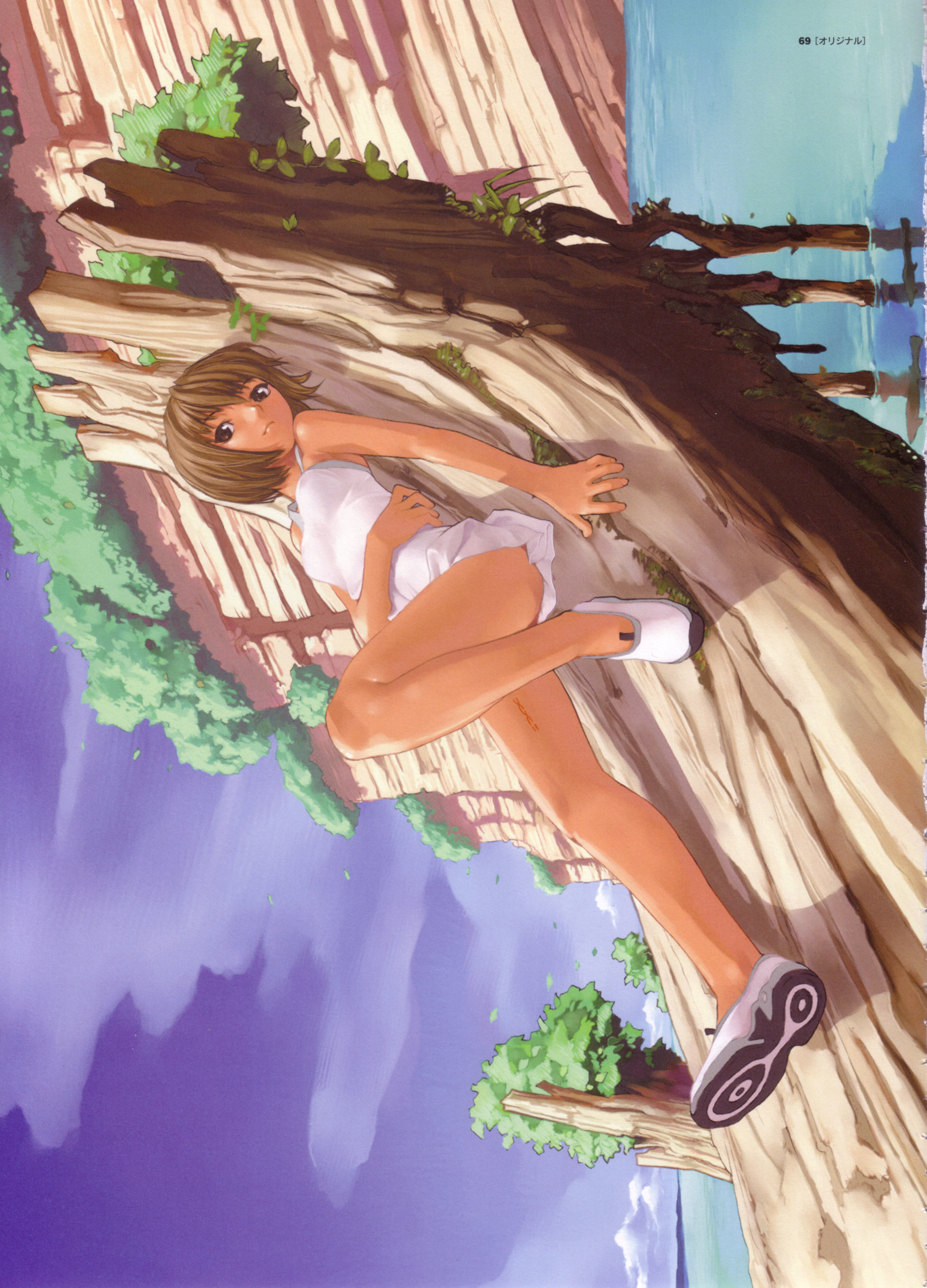 hakua ugetsu, absurdres, highres, scan, 1girl, black eyes, brown hair, female focus, looking at viewer, lying, outdoors, shoes, skirt, sneakers, solo