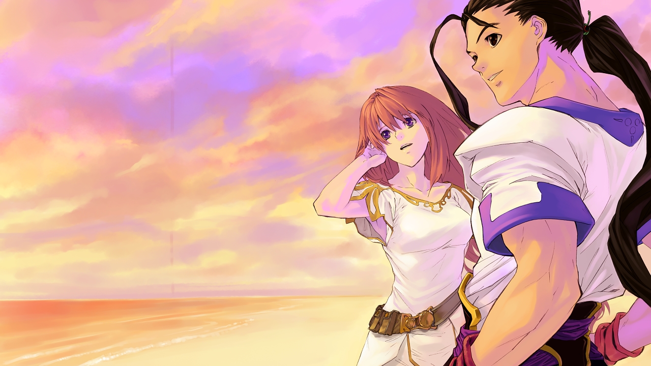 shimotsuki eight, elhaym van houten, fei fong wong, monolith soft, square enix, xeno (series), xenogears, bad id, bad pixiv id, 1boy, 1girl, alternate costume, armpits, beach, cloud, cloudy sky, long hair, ocean, official alternate costume, orange hair, outdoors, ponytail, sky, sunset, tunic