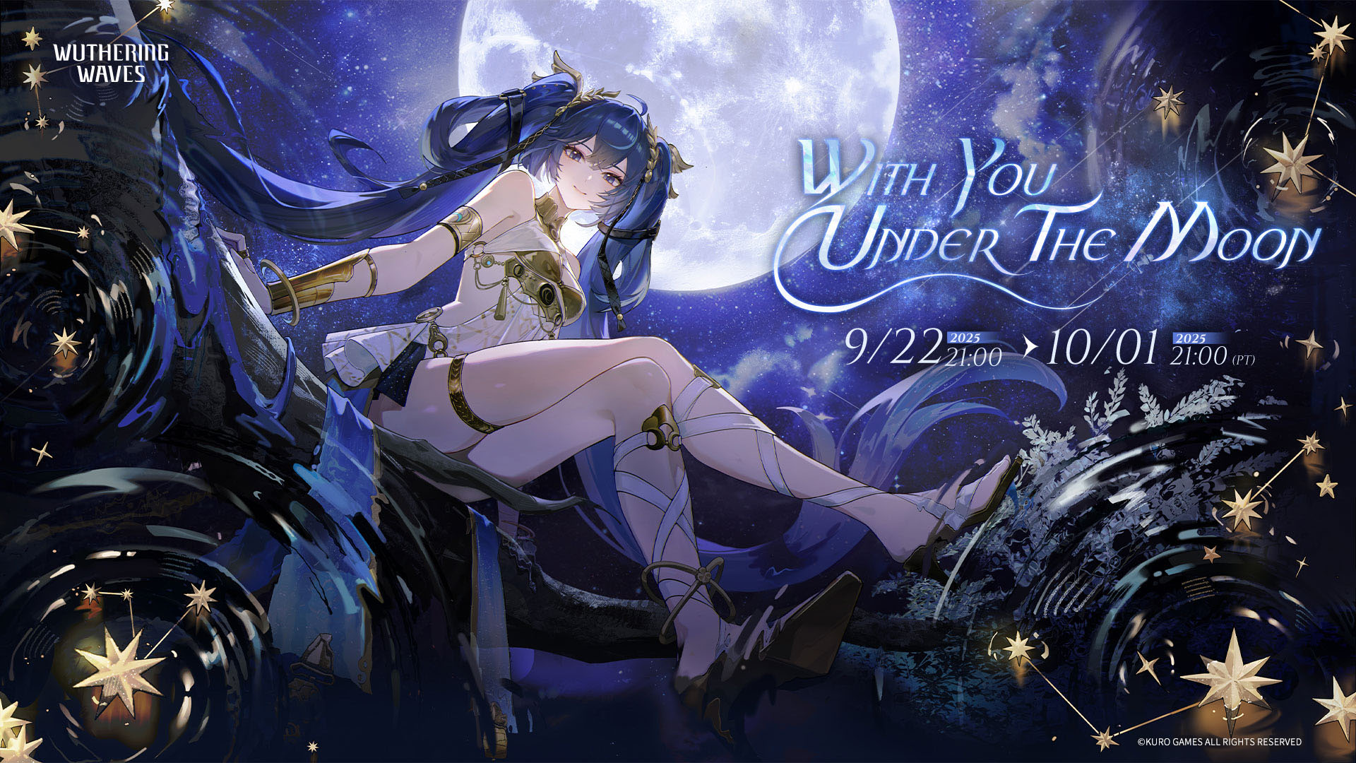 iuno (wuthering waves), wuthering waves, commentary, english commentary, highres, official art, 1girl, ahoge, ancient greek clothes, armlet, bare shoulders, black skirt, blue eyes, blue hair, closed mouth, crossed legs, dated, english text, full body, full moon, gladiator sandals, gold bra, greco-roman clothes, head wreath, jewelry, logo, long hair, looking at viewer, miniskirt, moon, multicolored hair, night, night sky, on branch, outdoors, sandals, sitting, skirt, sky, smile, solo, streaked hair, thighlet, thighs, twintails