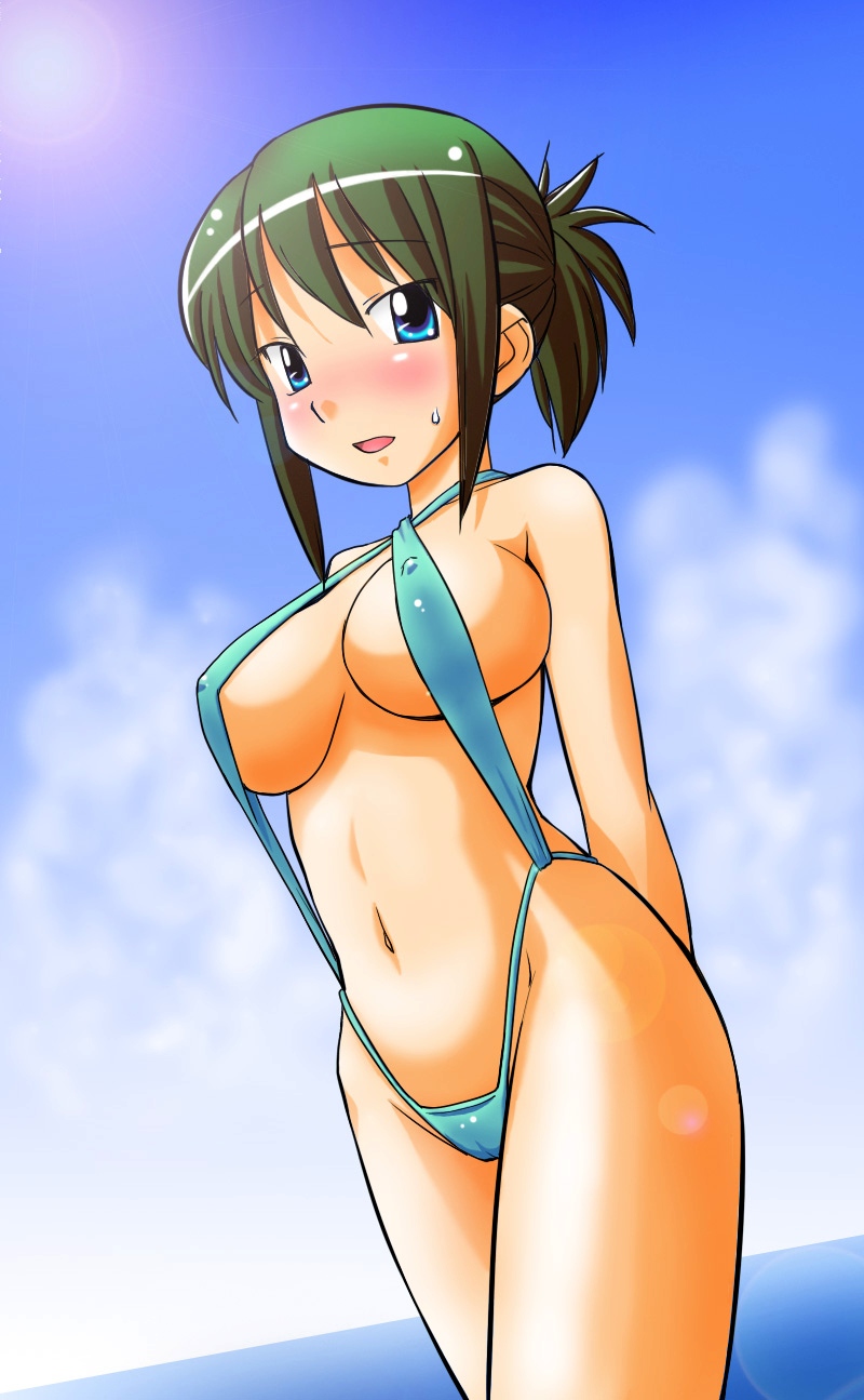 highres, 1girl, beach, blue eyes, blush, breasts, cameltoe, cloud, day, female focus, green hair, large breasts, navel, outdoors, sky, slingshot swimsuit, solo, swimsuit