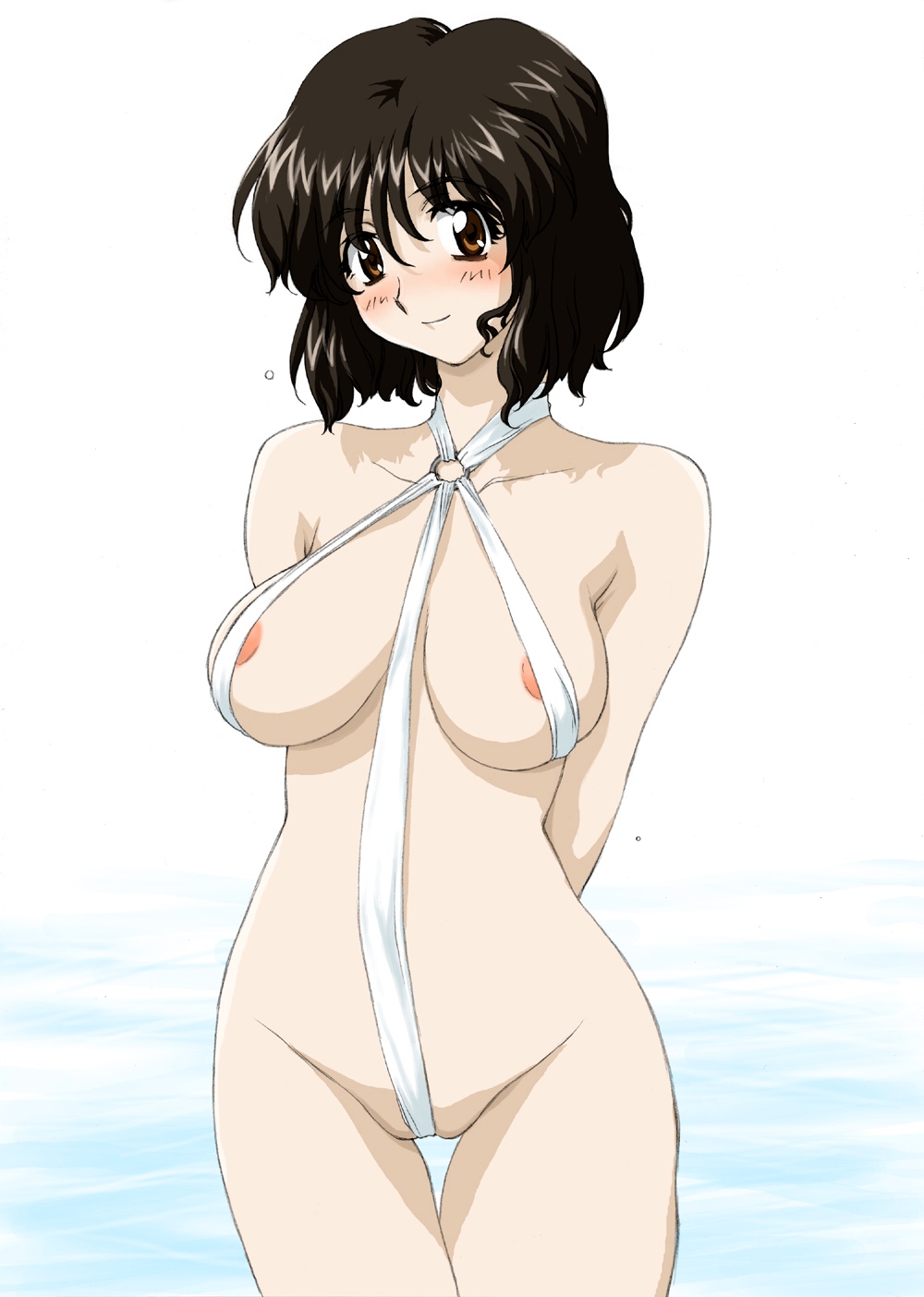 joy division, herikawa koishi, onegai teacher, highres, 00s, 1girl, areola slip, bdsm, blush, bondage, bound, breasts, brown eyes, brown hair, cameltoe, crotch rope, female focus, large breasts, slingshot swimsuit, solo, swimsuit, thigh gap, thighs, water