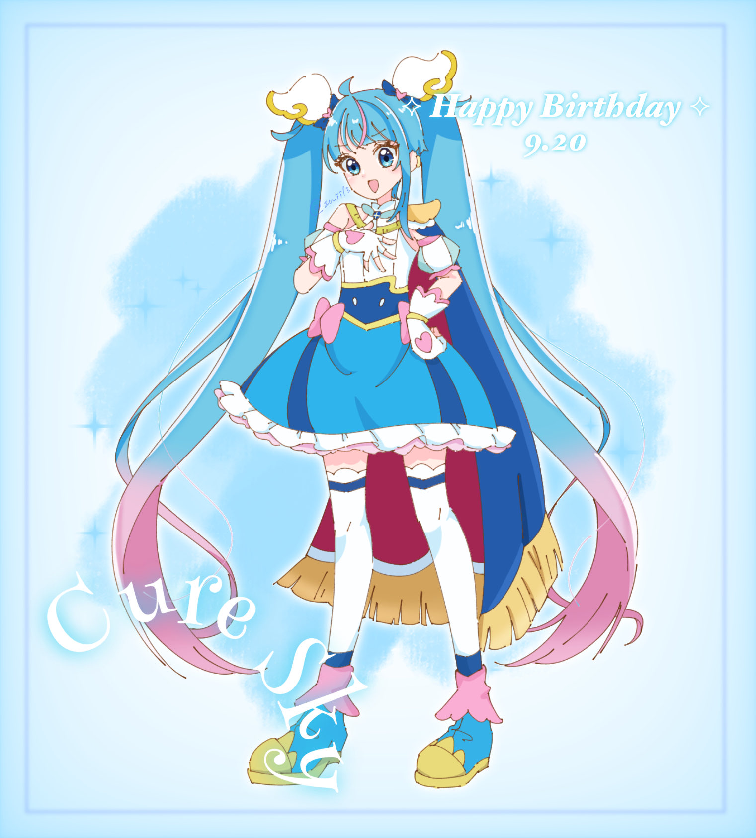 2v iil3, cure sky, sora harewataru, hirogaru sky! precure, precure, highres, 1girl, artist name, blue eyes, blue hair, bow, cape, character name, dress, dress bow, hand on own hip, happy birthday, multicolored hair, solo, streaked hair, twintails