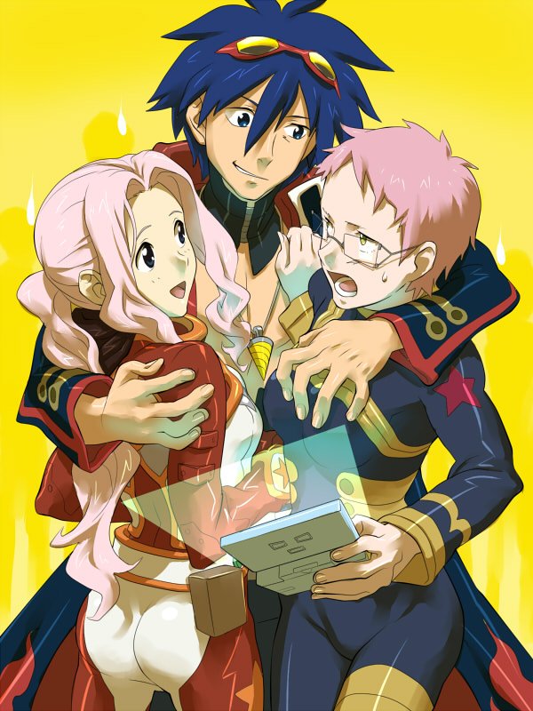baariya, cybela kuto, darry adai, simon (ttgl), tengen toppa gurren lagann, 00s, 1boy, 2girls, ass, blue eyes, bodysuit, girl sandwich, glasses, hug, long hair, multiple girls, neck brace, pimp, pink hair, ponytail, sandwiched, short hair, yellow eyes