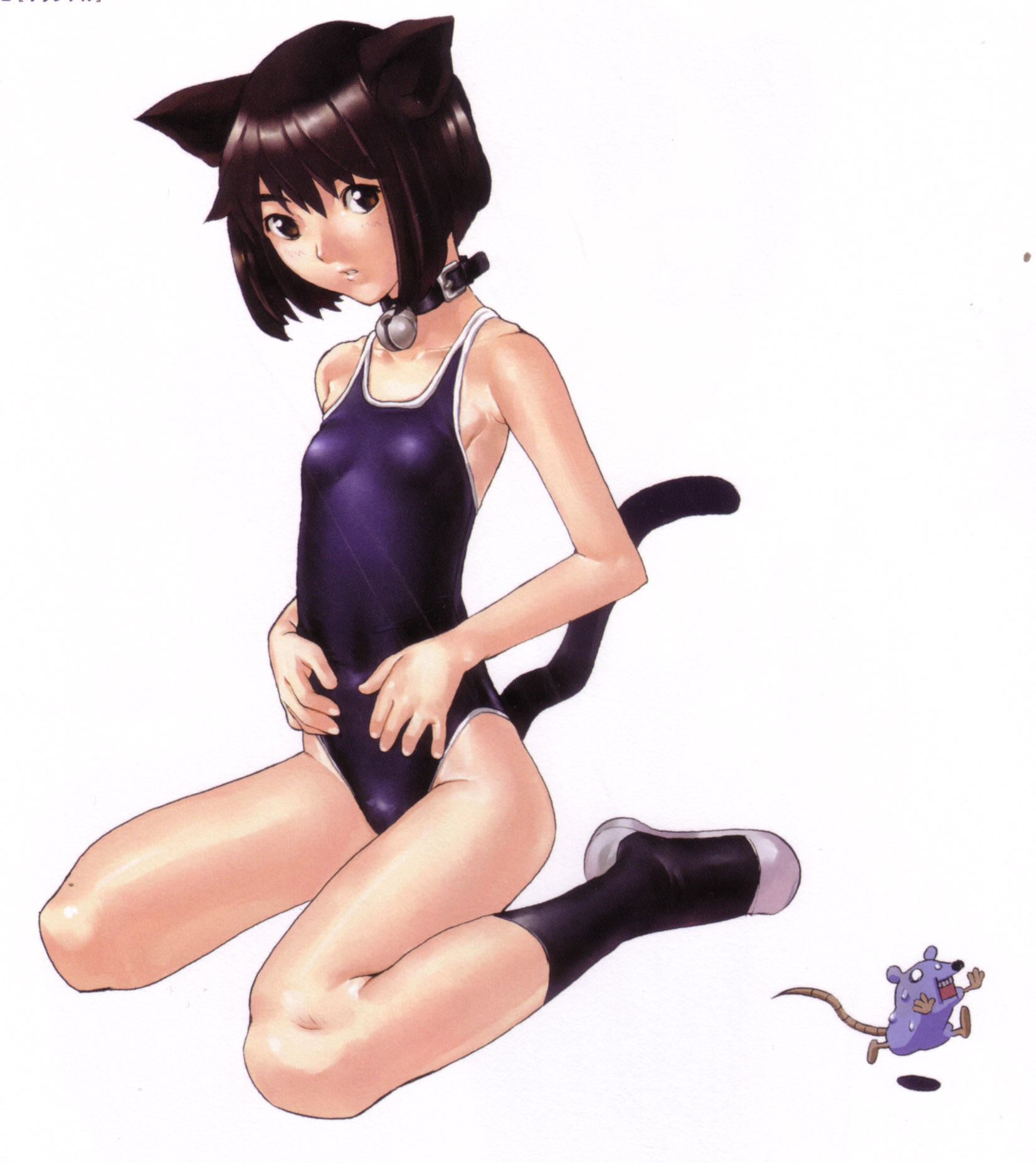 hakua ugetsu, highres, scan, 1girl, animal ears, bell, brown eyes, brown hair, cat ears, cat tail, collar, female focus, flat chest, neck bell, one-piece swimsuit, short hair, solo, swimsuit, tail