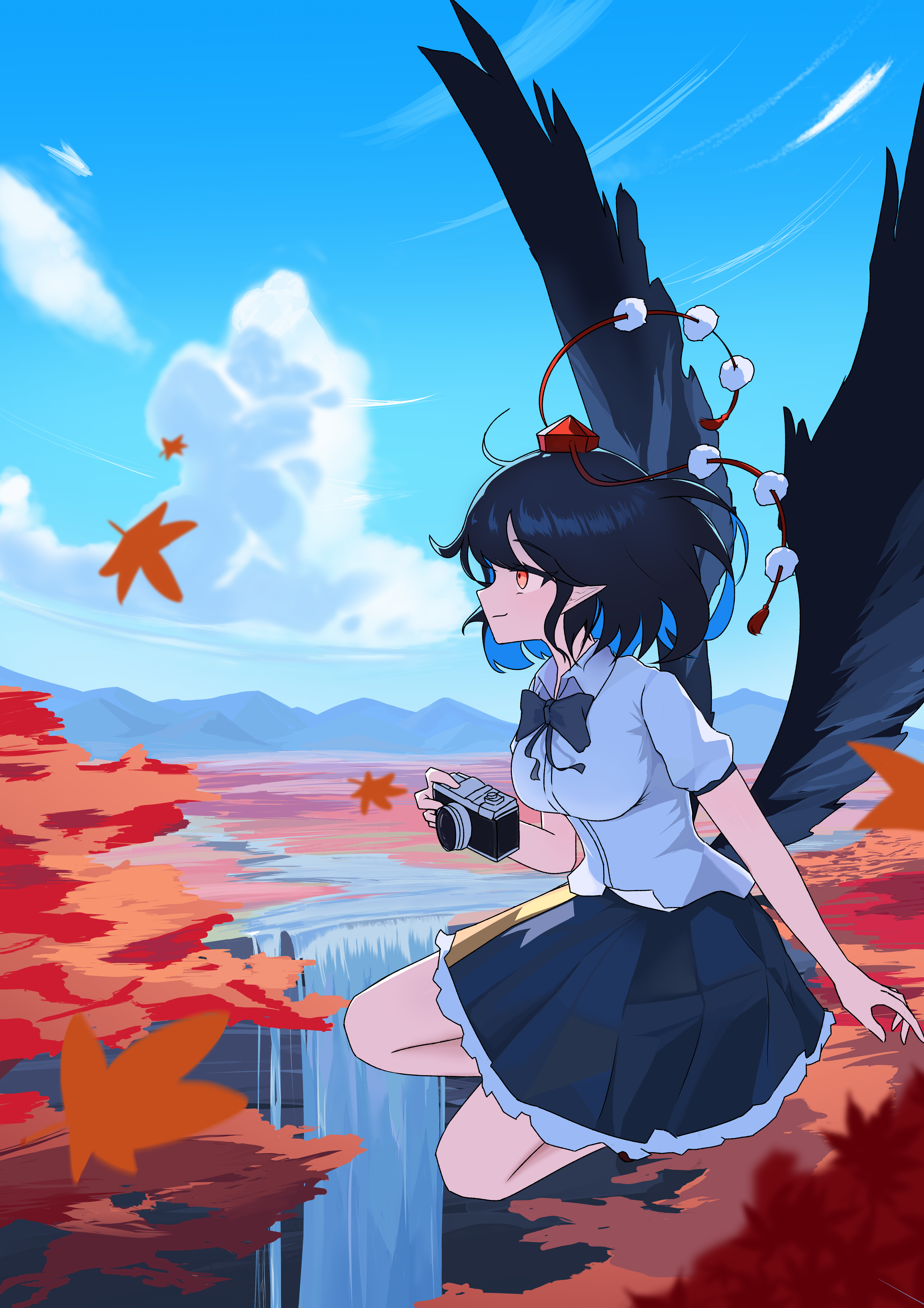 wingcat, shameimaru aya, touhou, absurdres, commentary request, highres, korean commentary, 1girl, autumn, autumn leaves, black bow, black bowtie, black hair, black skirt, black wings, blue sky, bow, bowtie, breasts, camera, cliff, cloud, collared shirt, cumulonimbus cloud, day, feathered wings, flying, forest, full body, hat, holding, holding camera, horizon, landscape, large breasts, leaf, light smile, looking afar, medium hair, mountain, nature, orange eyes, outdoors, pointy ears, pom pom (clothes), red hat, river, scenery, shirt, short hair, short sleeves, skirt, sky, sleeve garter, solo, swept bangs, tokin hat, water, waterfall, white shirt, white trim, wings