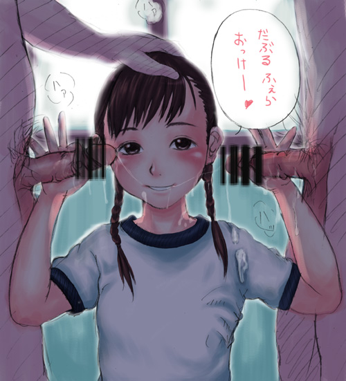 neuron (exceed), bad id, bad pixiv id, translated, 1girl, braid, brown eyes, brown hair, bukkake, censored, cum, cum on clothes, double handjob, fellatio, handjob, loli, oral, penis, solo focus, twin braids