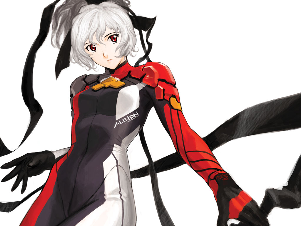 yamamoto nanashiki, silver hair, 1girl, bodysuit, female focus, red eyes, ribbon, short hair, solo