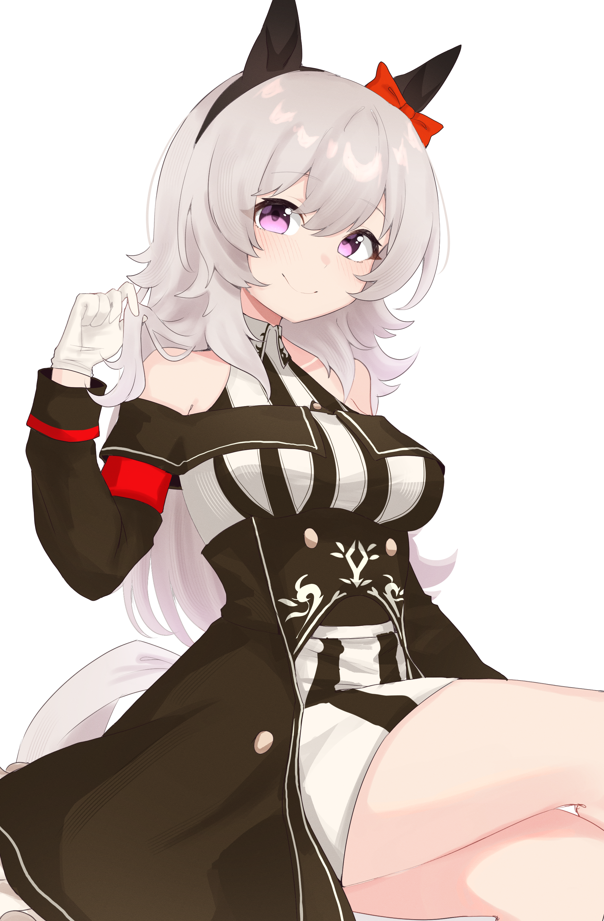 nyaivie, curren chan (fille eclair) (umamusume), curren chan (umamusume), umamusume, absurdres, commentary, highres, 1girl, alternate hair length, alternate hairstyle, animal ears, bare shoulders, black coat, black hairband, blue eyes, bow, breasts, closed mouth, coat, dress, ear bow, gloves, grey hair, hairband, hand up, horse ears, horse girl, horse tail, long hair, looking at viewer, medium breasts, necktie, red necktie, shirt, sitting, smile, solo, striped clothes, striped shirt, tail, thighs, two-tone dress, white gloves