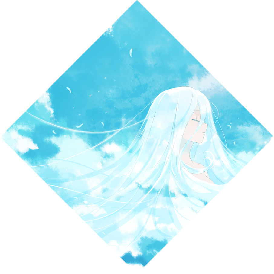 ni (2shi), kisara (yu-gi-oh!), yu-gi-oh!, yu-gi-oh! duel monsters, bad id, bad pixiv id, blue hair, closed eyes, feathers, long hair, sky, solo