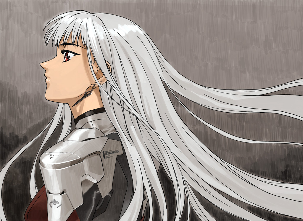 yamamoto nanashiki, silver hair, 1girl, armor, earrings, female focus, jewelry, long hair, red eyes, solo
