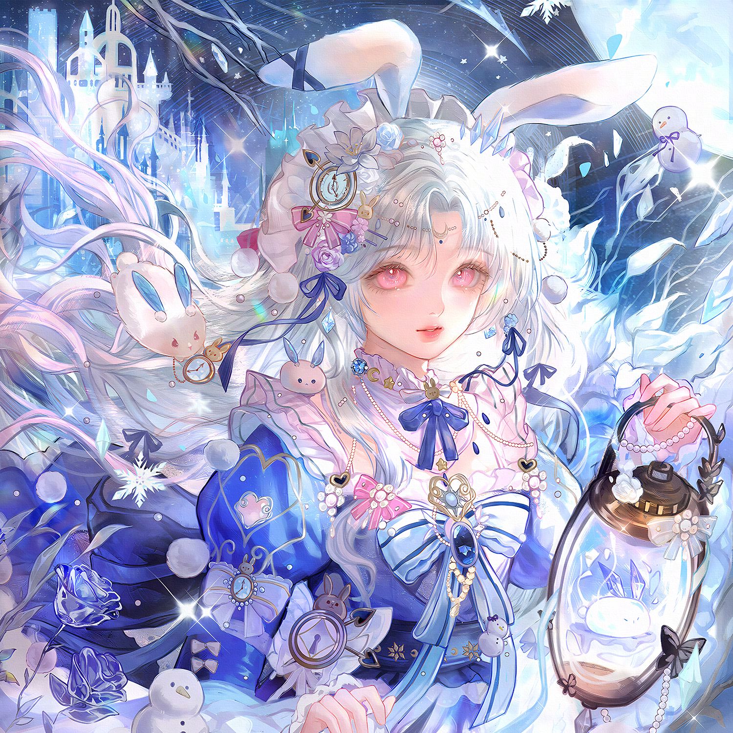 qingluanluan, original, highres, 1girl, animal ears, blue dress, bow, dress, frills, hair ornament, holding, holding lantern, lantern, long hair, long sleeves, pink eyes, pocket watch, rabbit, rabbit ears, ribbon, solo, watch, white hair
