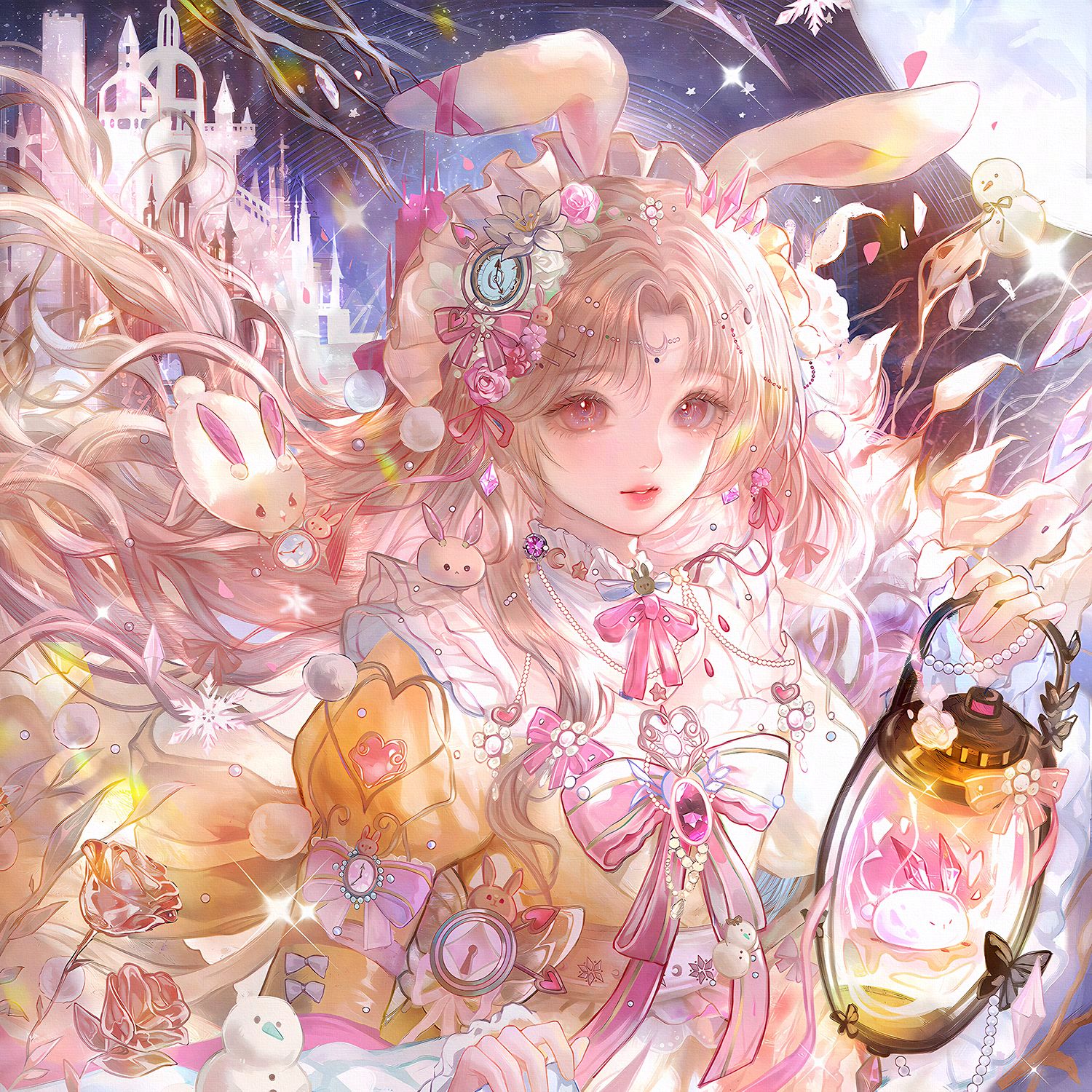 qingluanluan, original, highres, 1girl, animal ears, bird, bow, brown hair, dress, flower, frills, hair flower, hair ornament, holding, holding lantern, lantern, long hair, looking at viewer, pink eyes, pink ribbon, puffy sleeves, rabbit, rabbit ears, ribbon, solo, upper body