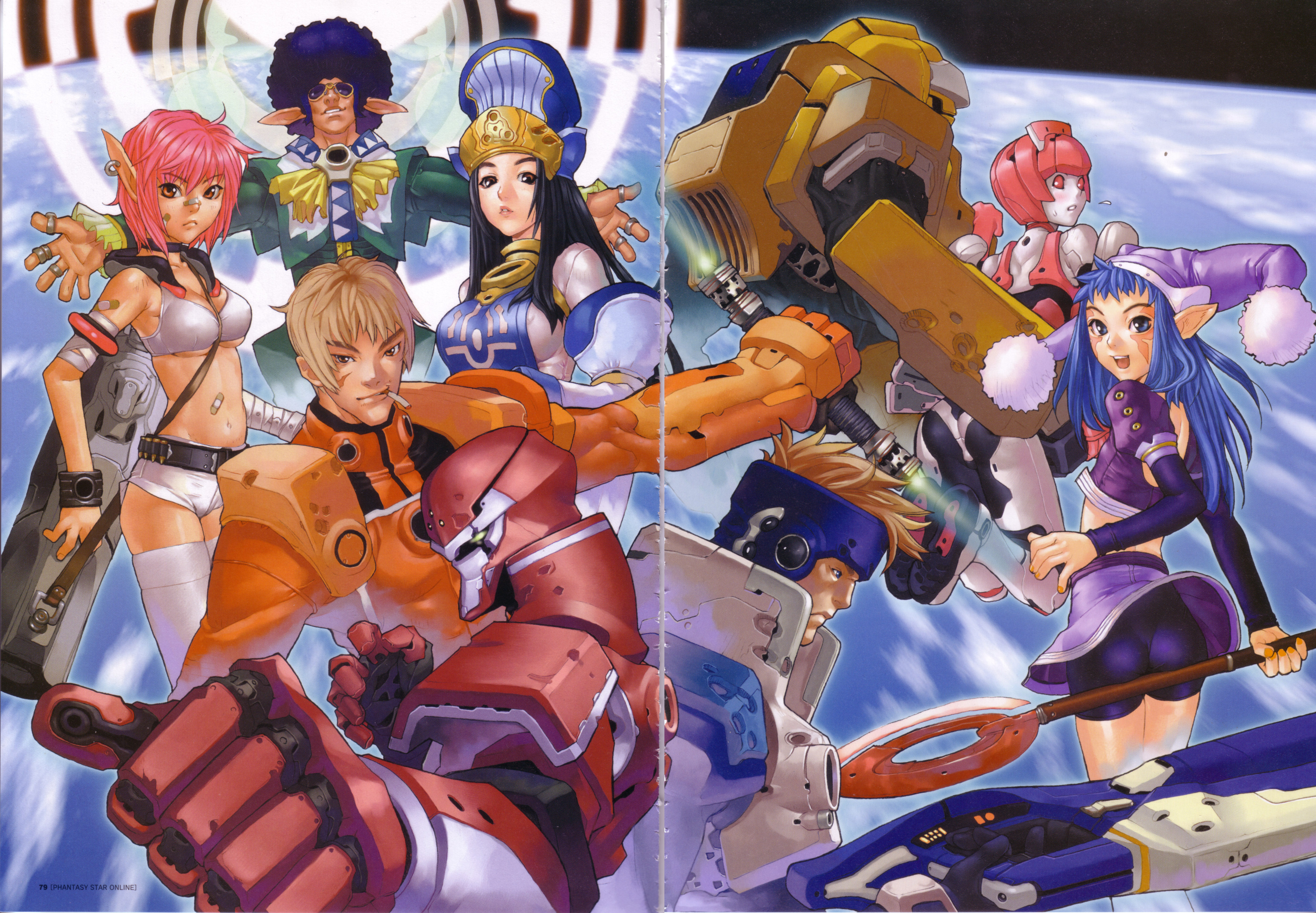 hakua ugetsu, ash (phantasy star online), bernie, bernie (phantasy star online), caseal, elenor camuel, fomarl, fonewearl, fonewm, hucast, humar, hunewearl, kireek, racaseal, racast, ramar, rupika, phantasy star, phantasy star online, absurdres, highres, scan, scan artifacts, 4boys, 4girls, afro, android, bandaid, bandaid on arm, bandaid on face, bandaid on nose, belt, bike shorts, black hair, blue eyes, blue hair, breasts, brown hair, cigarette, cleavage, crease, earrings, everyone, hat, jewelry, large breasts, long hair, medium breasts, midriff, multiple boys, multiple girls, pink hair, planet, pointy ears, short hair, short shorts, shorts, space, staff, thighhighs, underboob, white thighhighs
