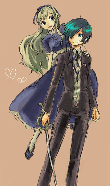 poppo, poppo (pixiv41327), alice (megami tensei), yuuki makoto (persona 3), atlus, persona, persona 3, bad id, bad pixiv id, blonde hair, blue hair, demon (megami tensei), dress, heart, long hair, sword, weapon
