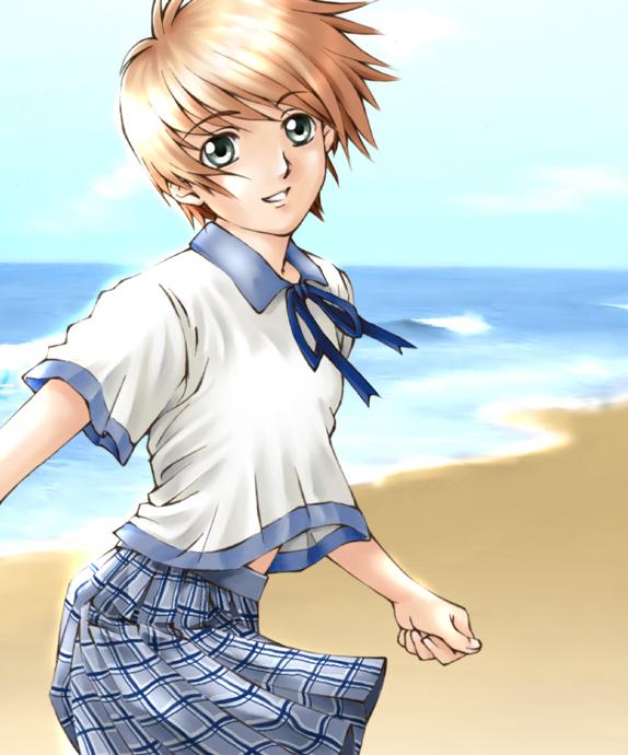 beach, blonde hair, day, ocean, plaid clothes, plaid skirt, short hair, skirt, smile, solo