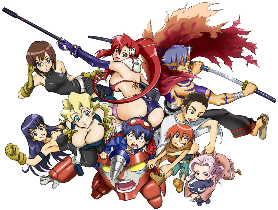morisu, darry adai, gimmy adai, gurren, kamina (ttgl), kinon bachika, kittan bachika, kiyal bachika, kiyoh bachika, lagann, rossiu adai, simon (ttgl), yoko littner, tengen toppa gurren lagann, 00s, 4boys, 5girls, adjusting eyewear, ass, breasts, cape, cleavage, drill, everyone, glasses, gloves, gun, kamina shades, large breasts, long hair, mecha, multiple boys, multiple girls, ponytail, robot, sheath, short hair, stuffed animal, stuffed toy, sunglasses, sword, tattoo, torn clothes, triangular eyewear, unsheathing, weapon