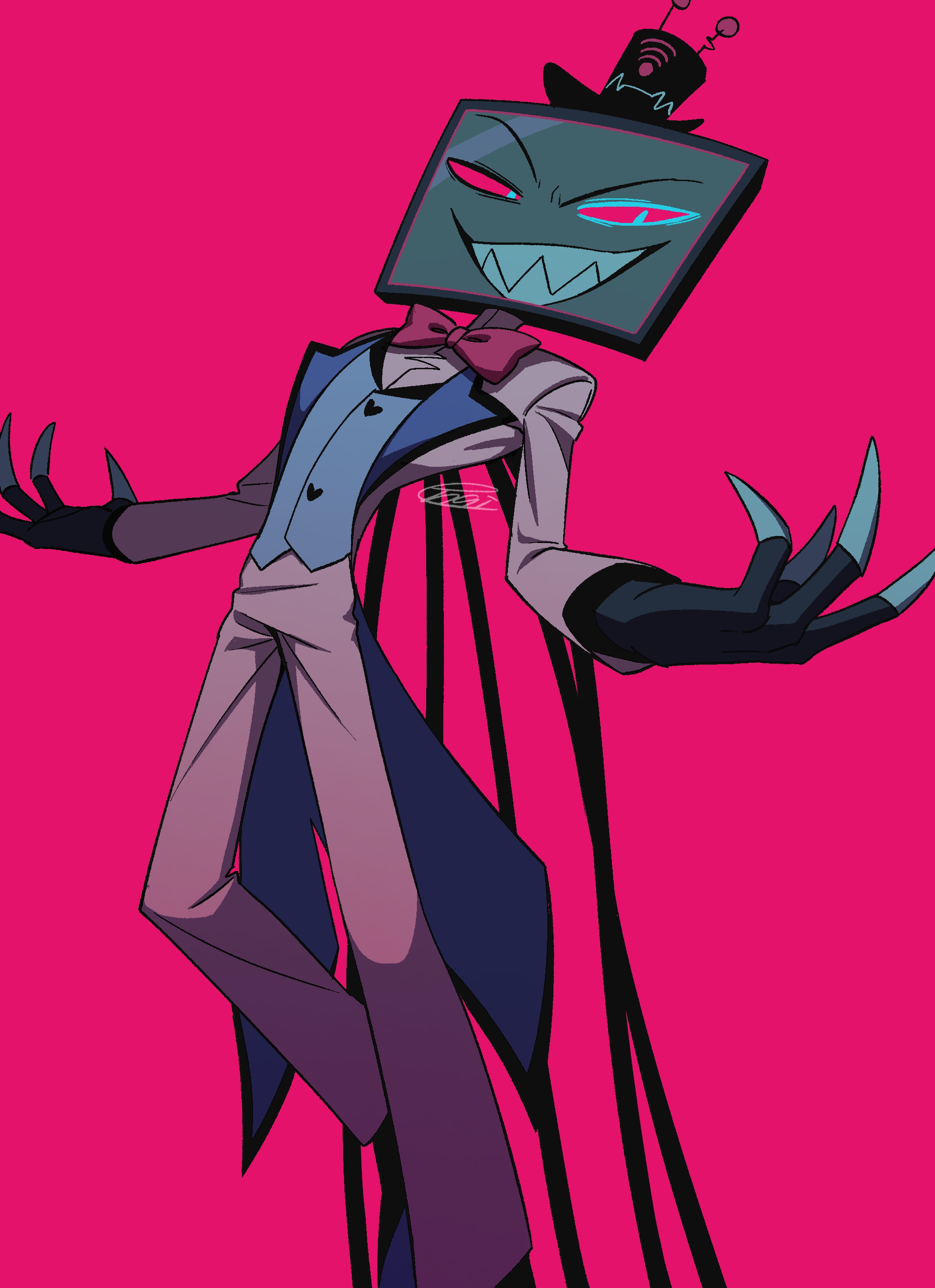 menma (enaic31), vox (hazbin hotel), hazbin hotel, hellaverse, absurdres, commentary request, highres, 1boy, :d, black gloves, black hat, black shoes, blue vest, bow, bowtie, buttons, coat, colored sclera, fewer digits, fingerless gloves, foot out of frame, from below, gloves, grin, hat, heart button, looking at viewer, male focus, object head, open clothes, open coat, open mouth, pants, red background, red bow, red bowtie, red sclera, sharp teeth, shirt, shoes, signature, simple background, smile, solo, standing, standing on one leg, teeth, television, top hat, traditional bowtie, v-shaped eyebrows, vest, white coat, white pants, white shirt, wi-fi symbol