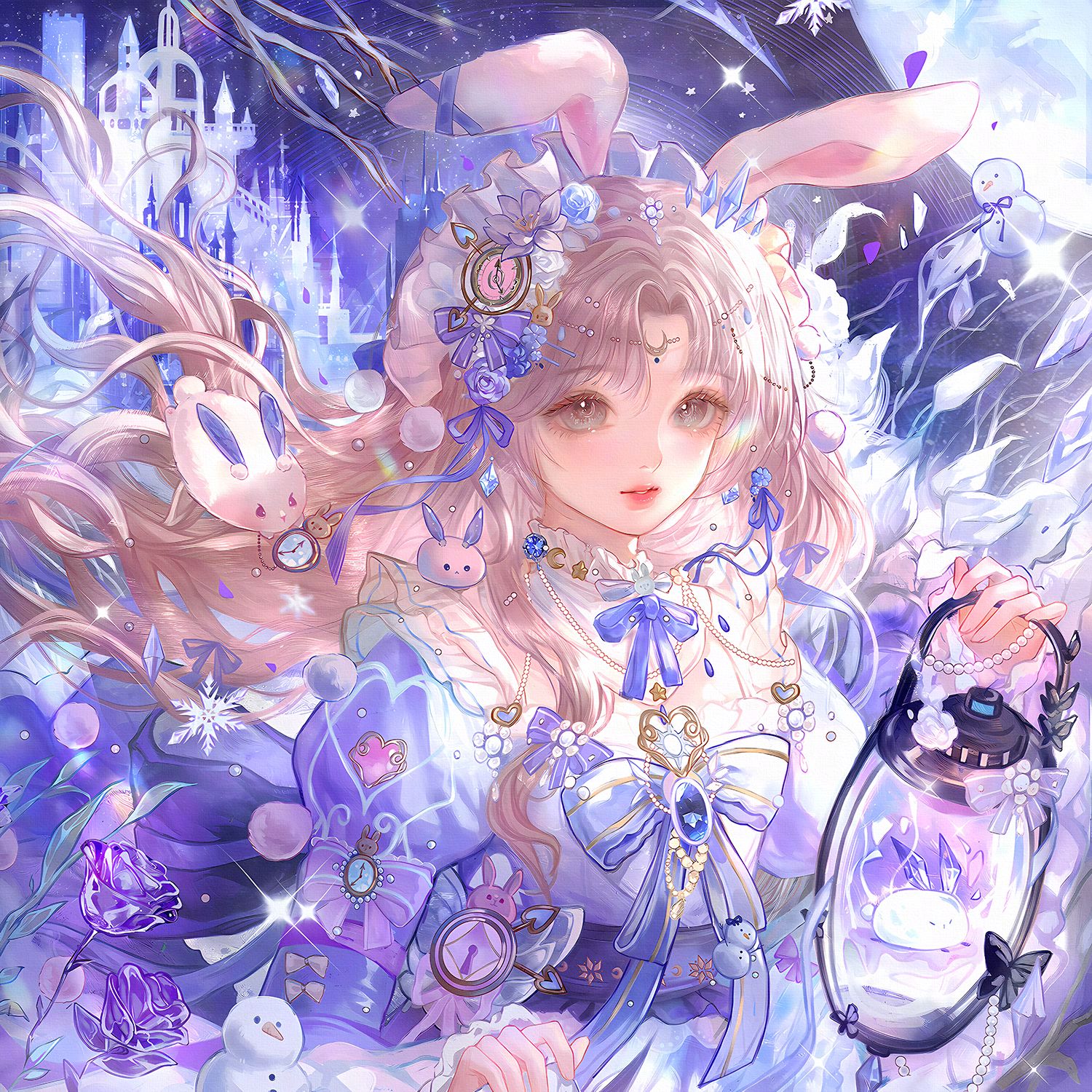 qingluanluan, original, highres, 1girl, animal ears, blue dress, bow, brown hair, dress, flower, hair ornament, holding, holding lantern, lantern, long hair, long sleeves, looking at viewer, rabbit, rabbit ears, ribbon, solo, upper body