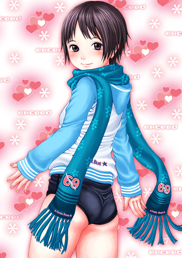 neuron (exceed), original, bad id, bad pixiv id, 1girl, ass, blue scarf, buruma, cowboy shot, female focus, gym uniform, hood, hooded jacket, jacket, scarf, solo, star (symbol), star print