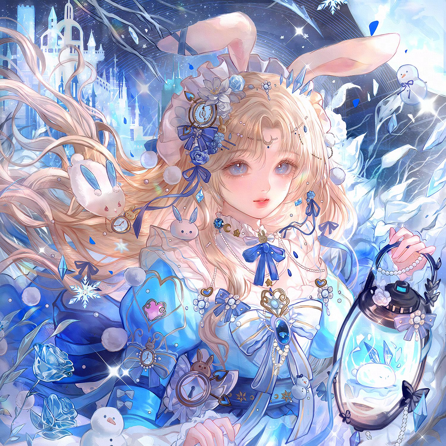 qingluanluan, original, highres, 1girl, animal ears, blonde hair, blue dress, blue eyes, bow, dress, flower, hair ornament, holding, holding lantern, jewelry, lantern, long hair, looking at viewer, puffy sleeves, rabbit, rabbit ears, ribbon, snowflakes, solo, upper body